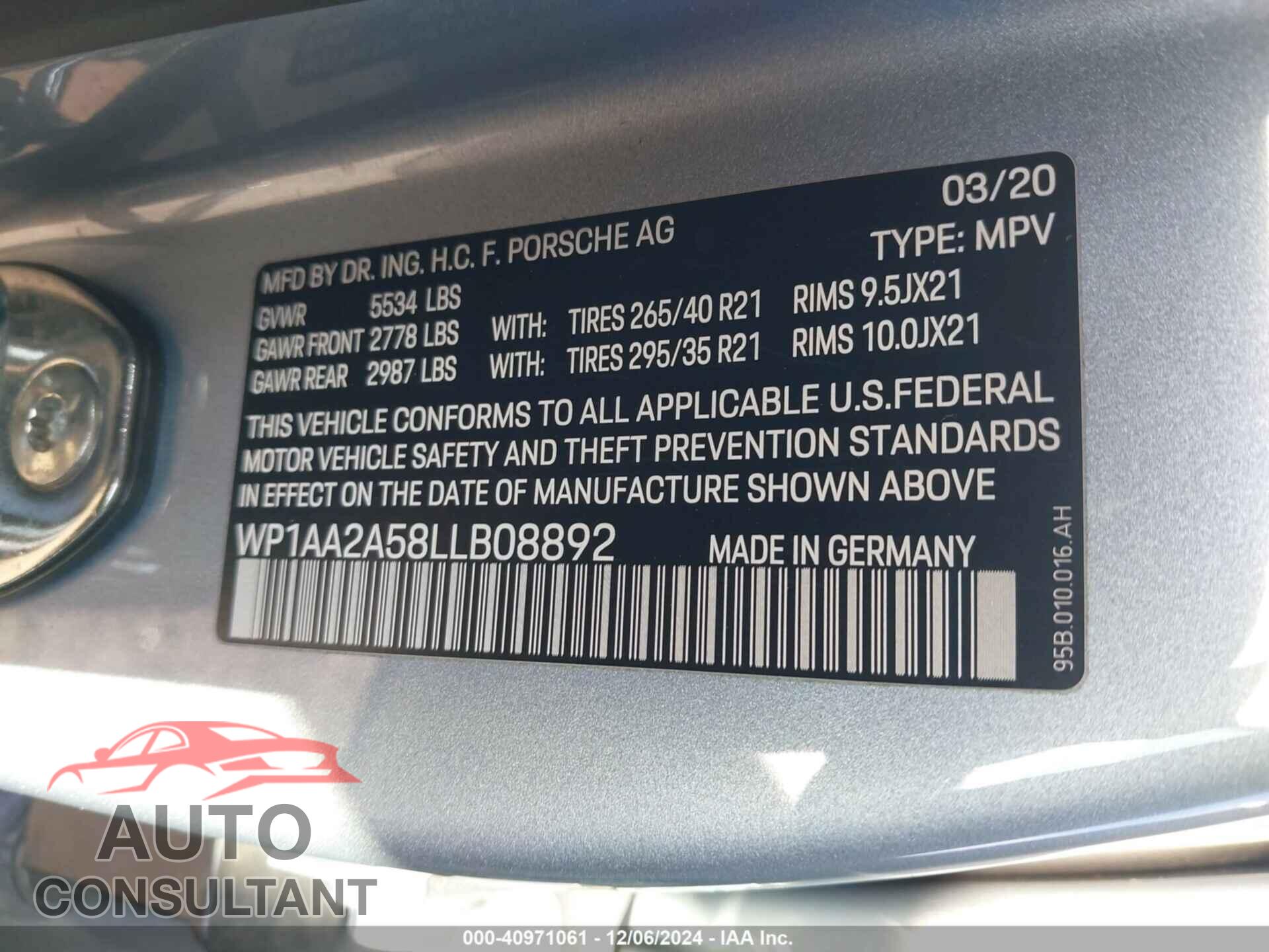 PORSCHE MACAN 2020 - WP1AA2A58LLB08892