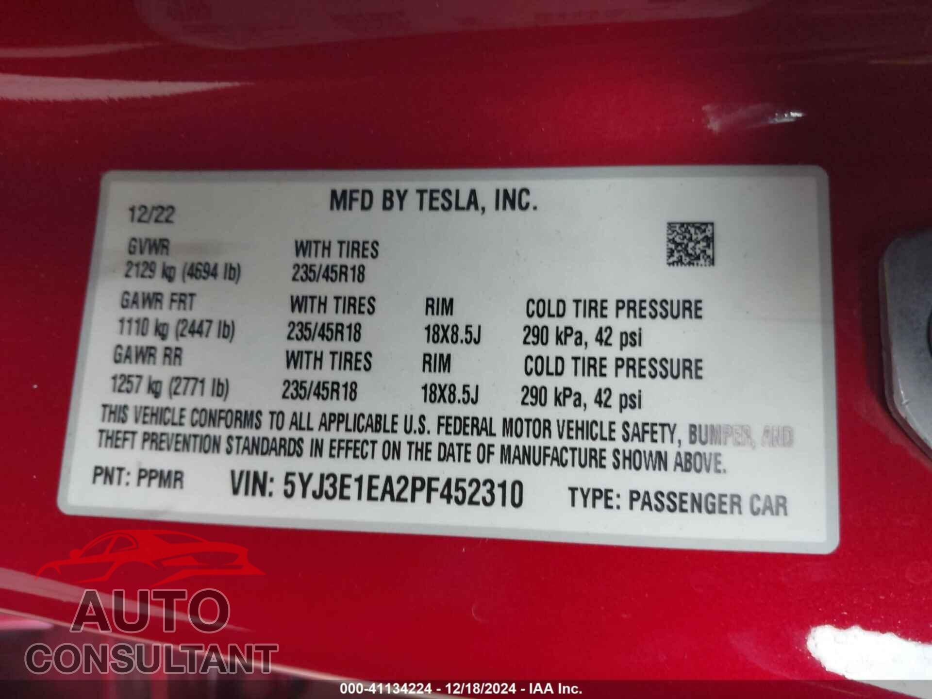 TESLA MODEL 3 2023 - 5YJ3E1EA2PF452310