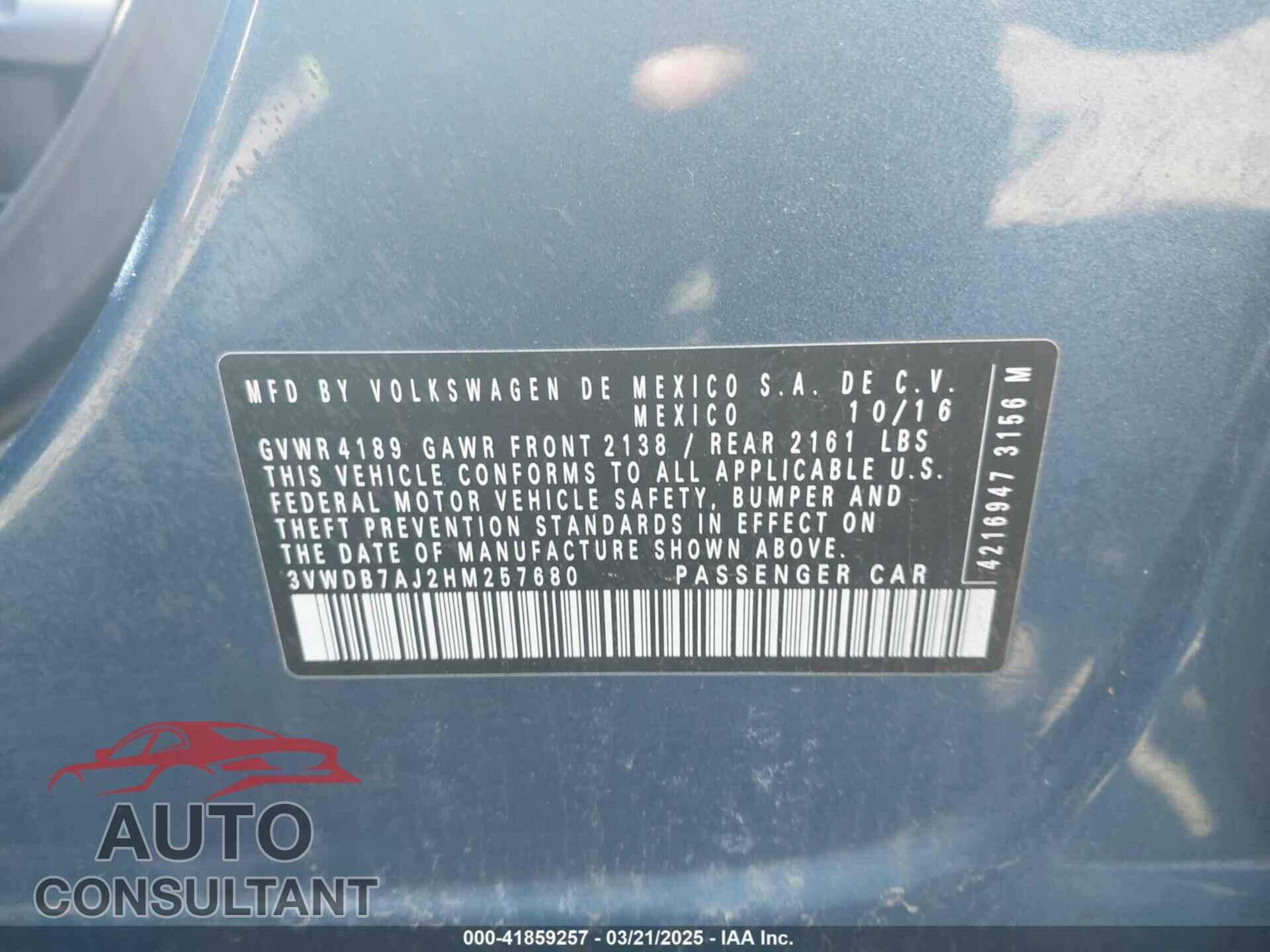 VOLKSWAGEN JETTA 2017 - 3VWDB7AJ2HM257680