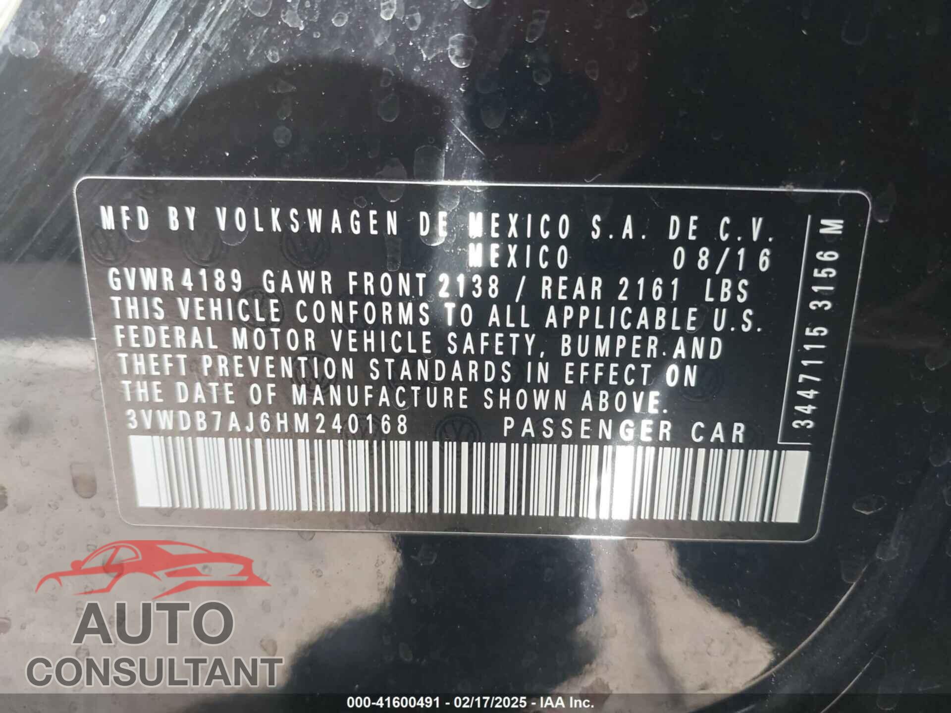 VOLKSWAGEN JETTA 2017 - 3VWDB7AJ6HM240168