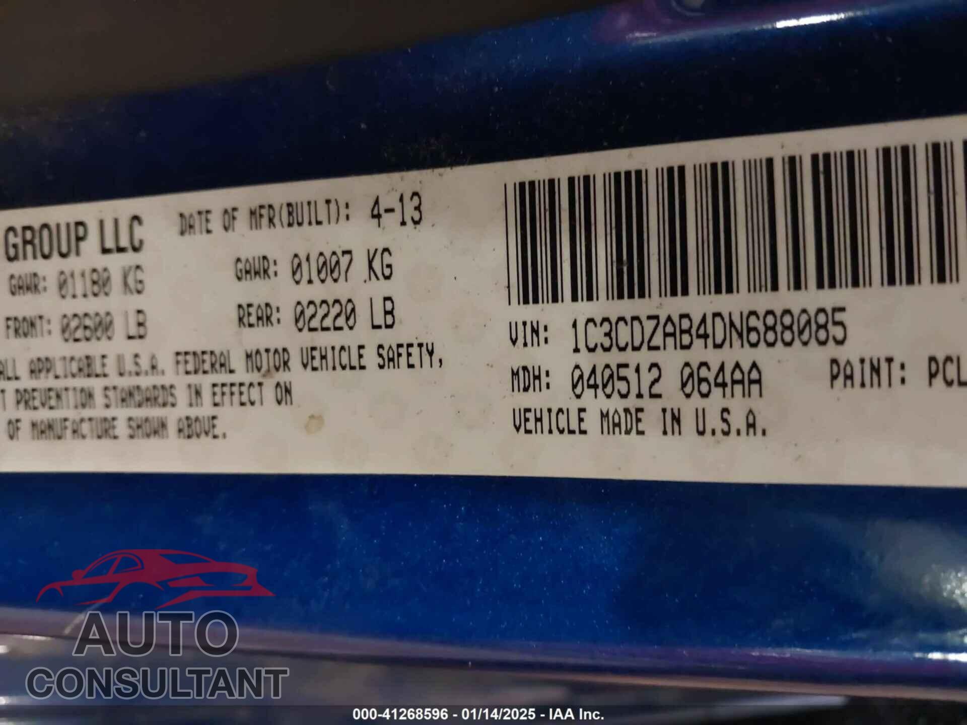 DODGE AVENGER 2013 - 1C3CDZAB4DN688085