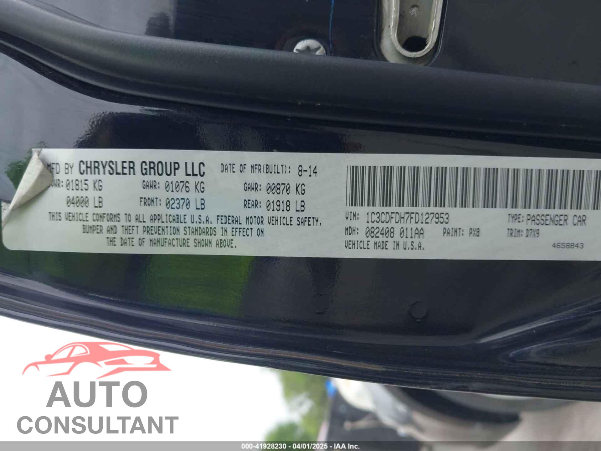 DODGE DART 2015 - 1C3CDFDH7FD127953