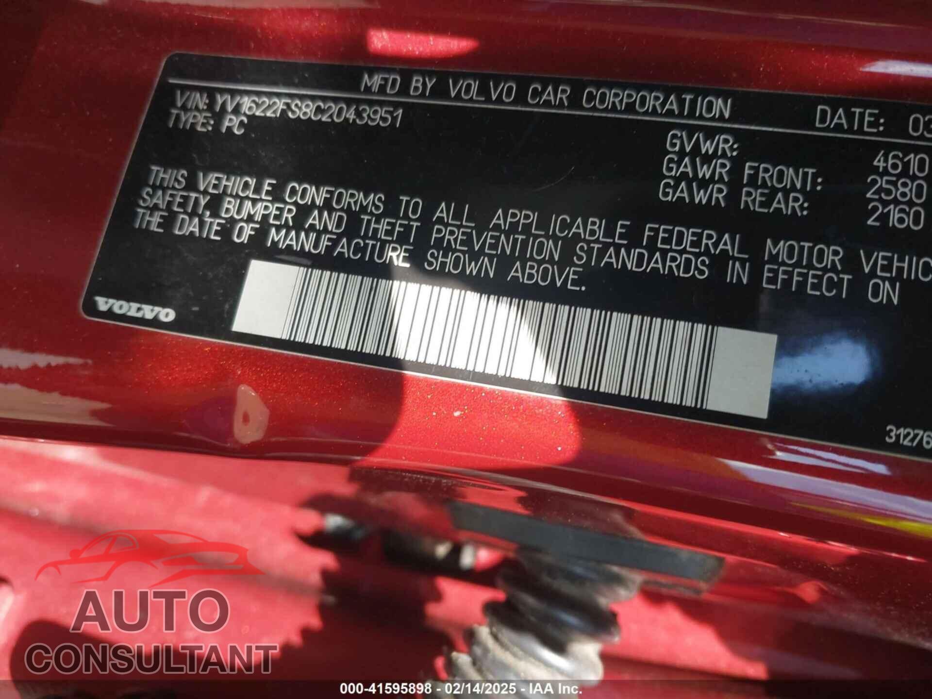 VOLVO S60 2012 - YV1622FS8C2043951