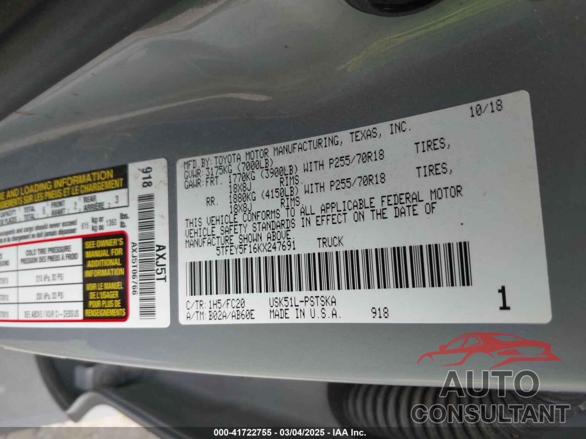TOYOTA TUNDRA 2019 - 5TFEY5F16KX247691