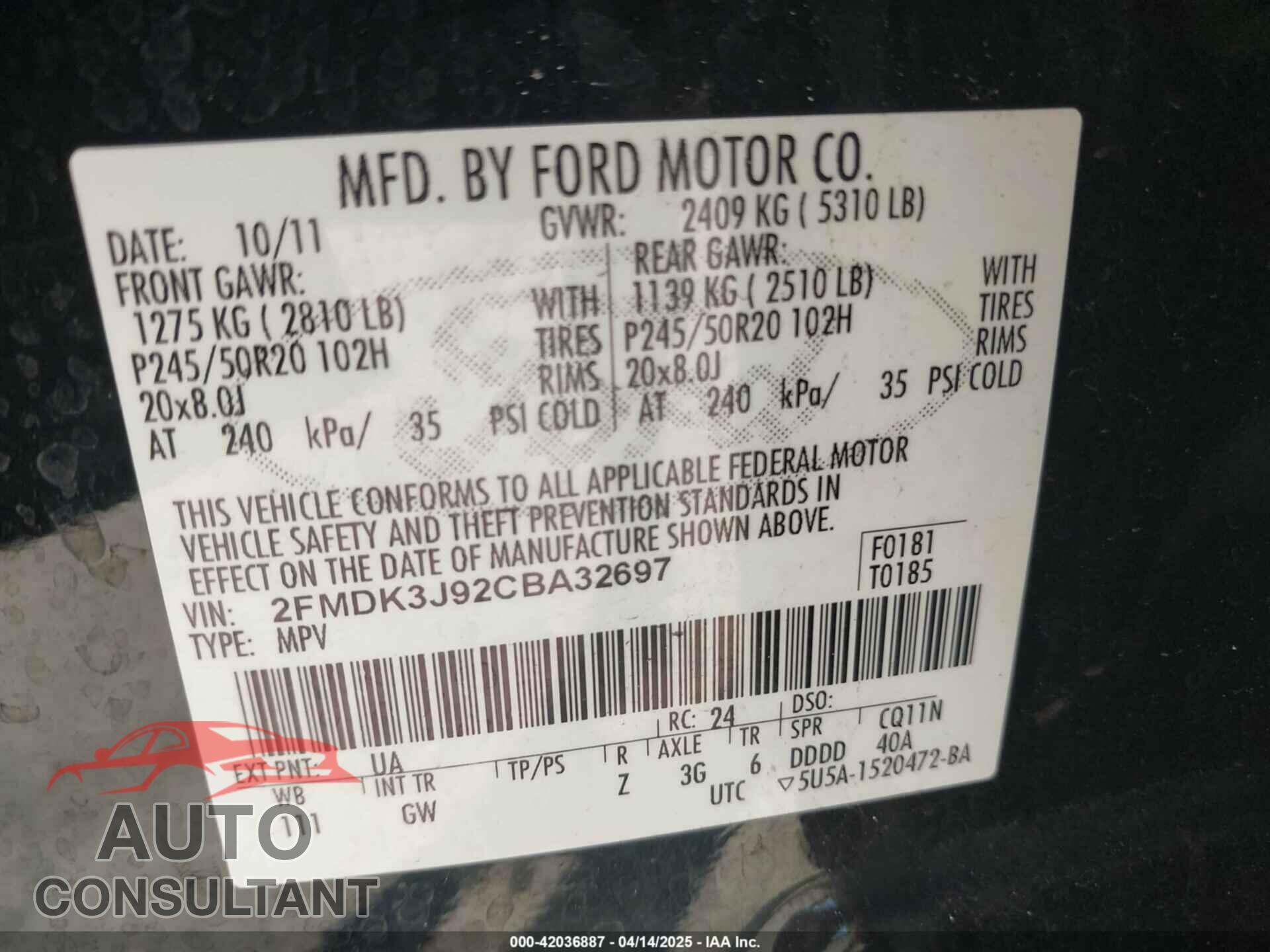 FORD EDGE 2012 - 2FMDK3J92CBA32697