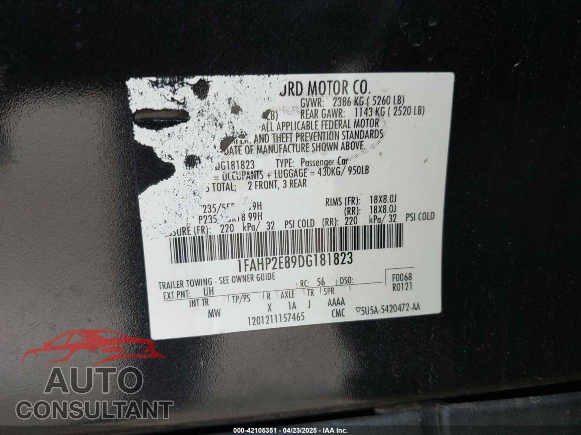 FORD TAURUS 2013 - 1FAHP2E89DG181823
