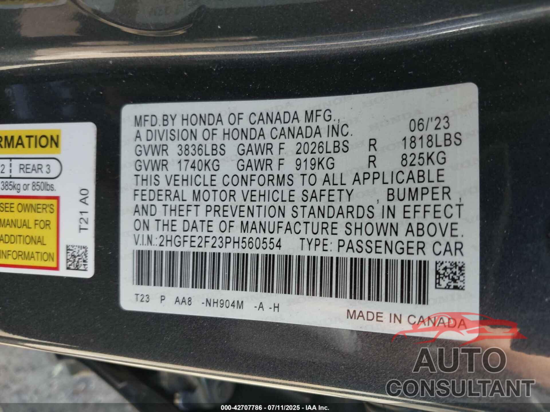 HONDA CIVIC 2023 - 2HGFE2F23PH560554
