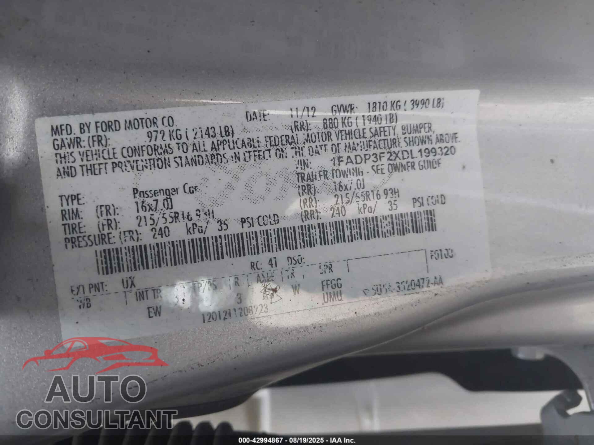FORD FOCUS 2013 - 1FADP3F2XDL199320