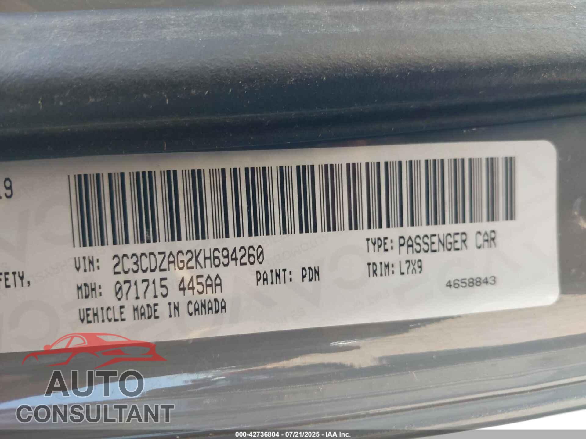 DODGE CHALLENGER 2019 - 2C3CDZAG2KH694260