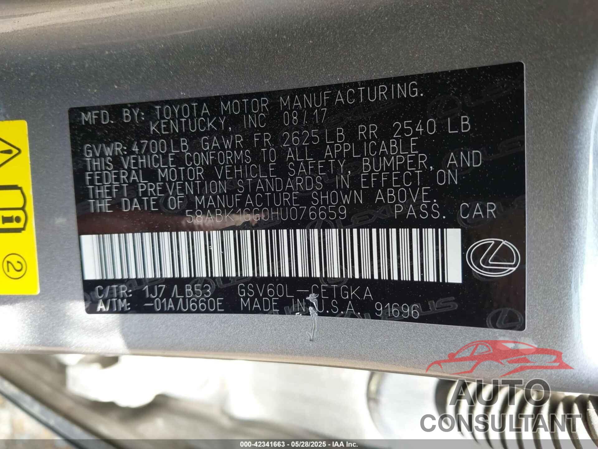 LEXUS ES 350 2017 - 58ABK1GG0HU076659