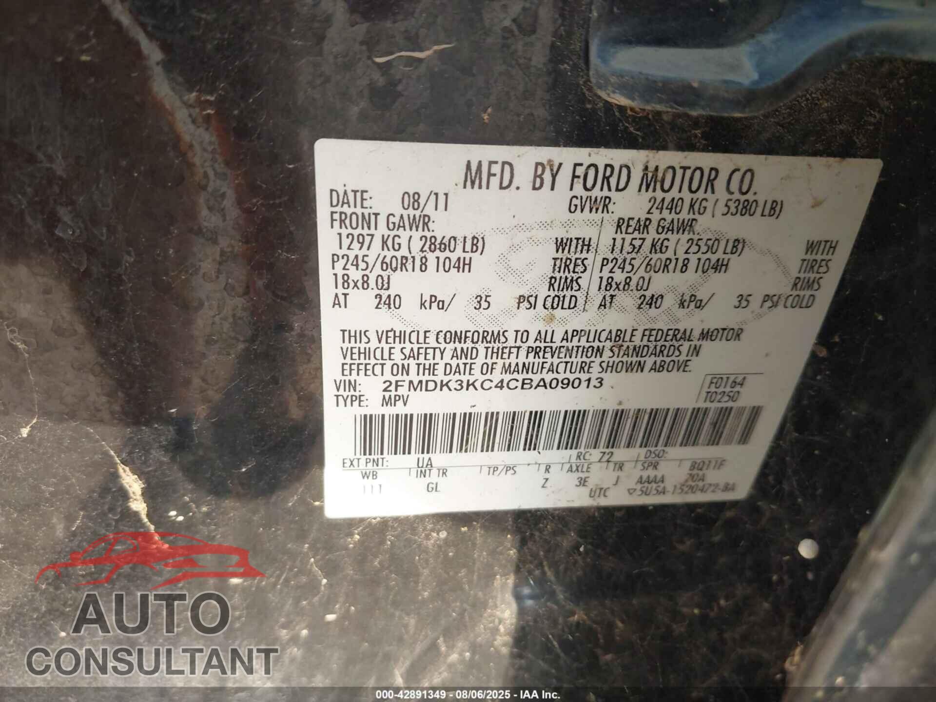 FORD EDGE 2012 - 2FMDK3KC4CBA09013
