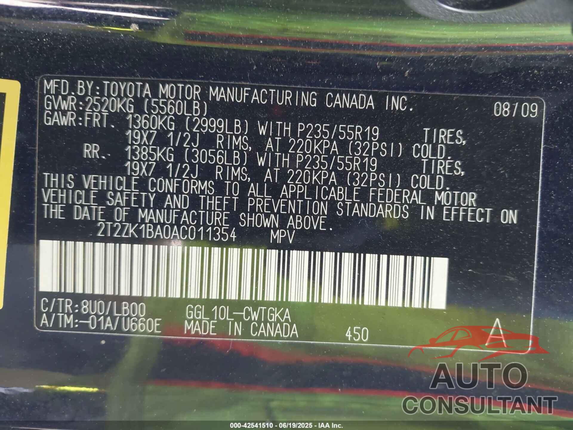 LEXUS RX 350 2010 - 2T2ZK1BA0AC011354