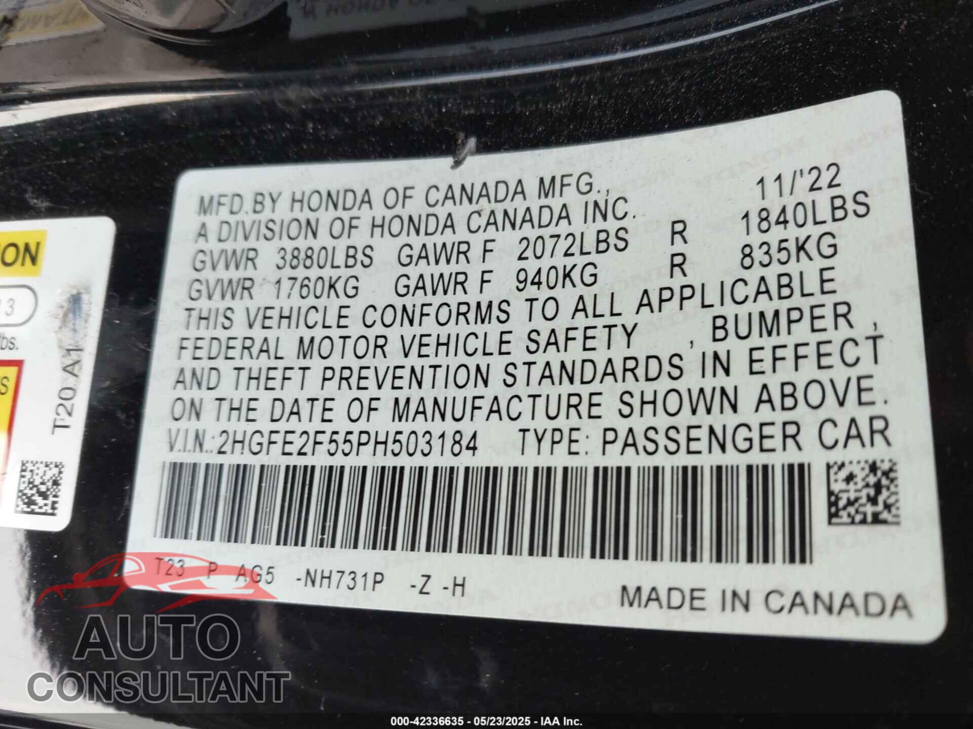 HONDA CIVIC 2023 - 2HGFE2F55PH503184