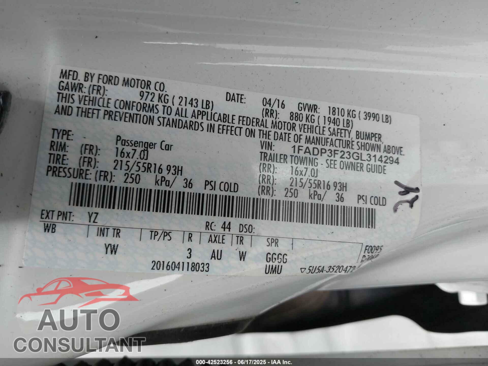 FORD FOCUS 2016 - 1FADP3F23GL314294