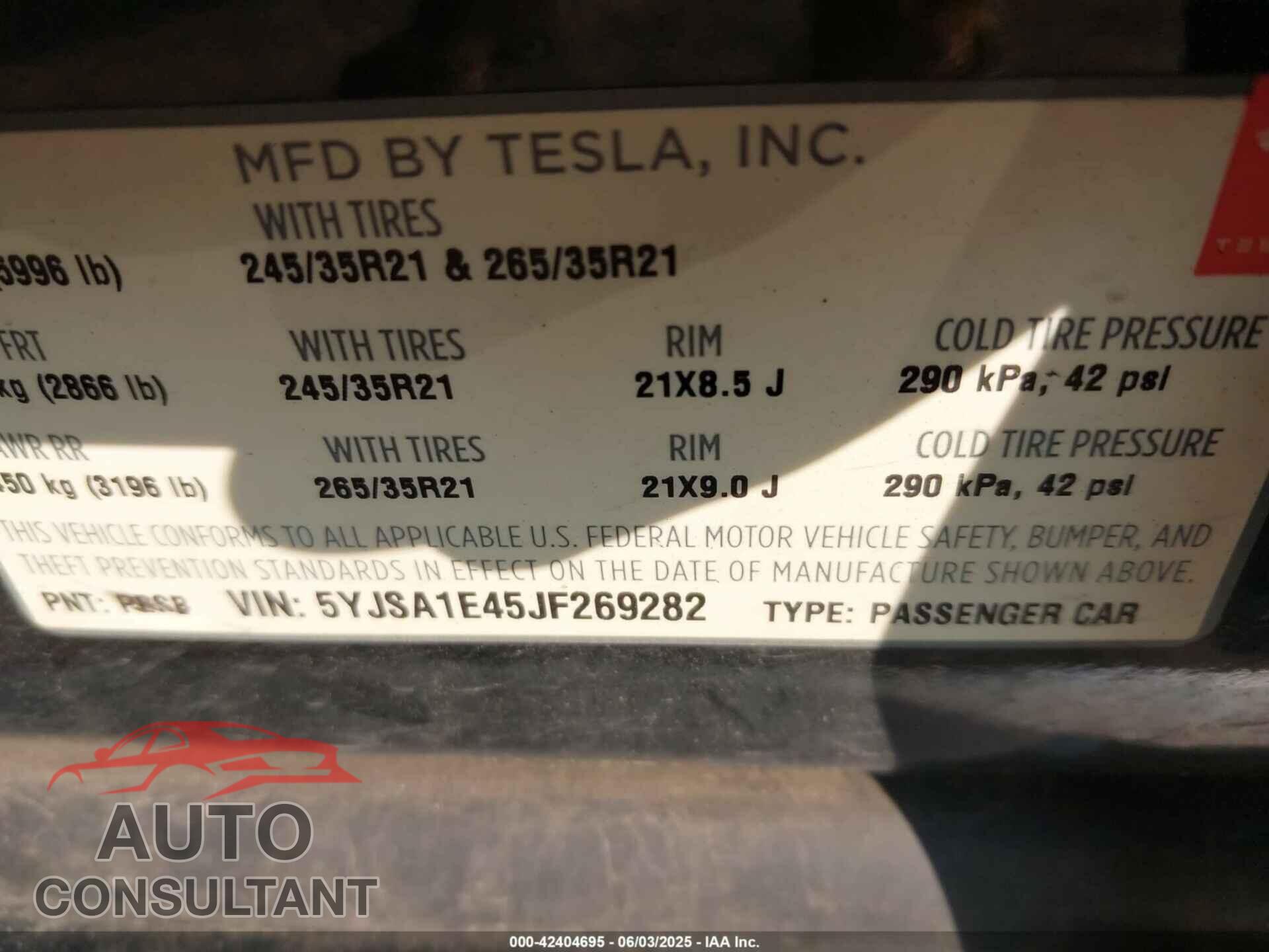 TESLA MODEL S 2018 - 5YJSA1E45JF269282