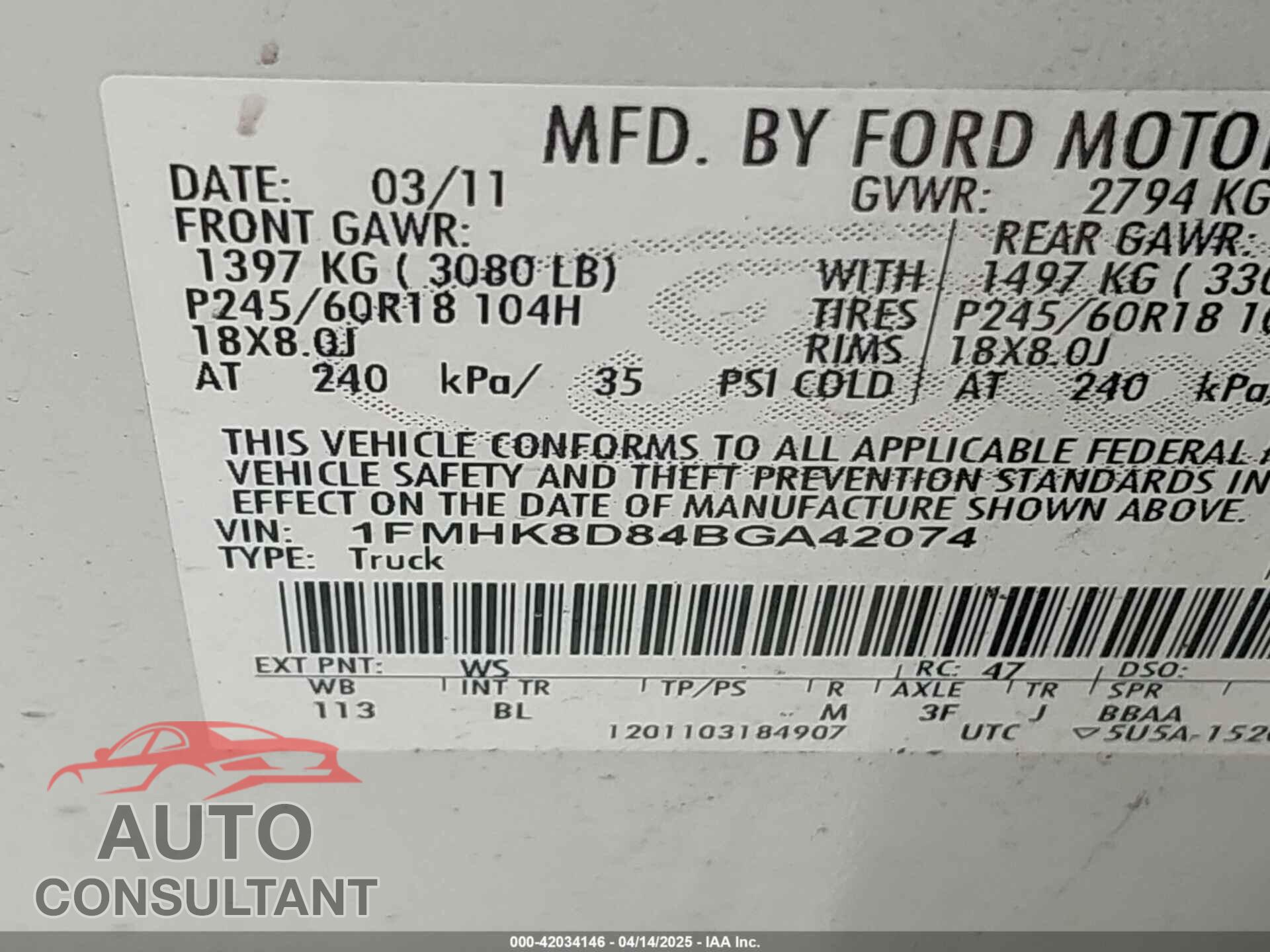 FORD EXPLORER 2011 - 1FMHK8D84BGA42074