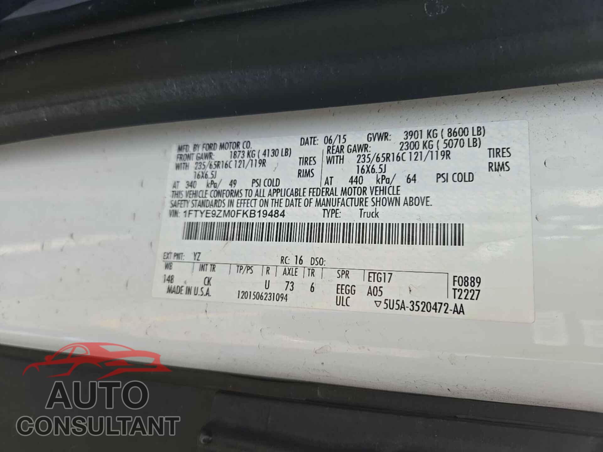 FORD TRANSIT 2015 - 1FTYE9ZM0FKB19484
