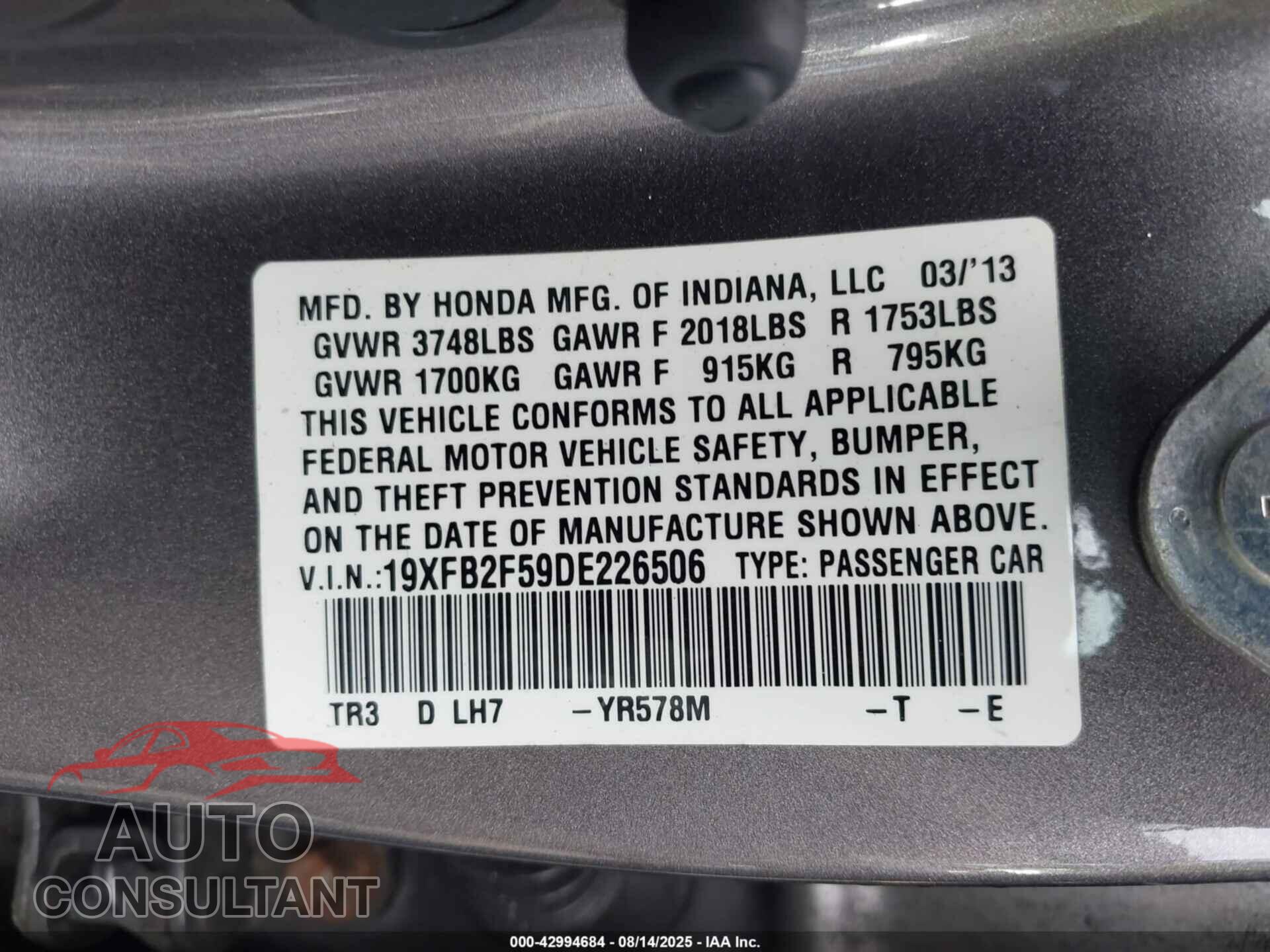 HONDA CIVIC 2013 - 19XFB2F59DE226506