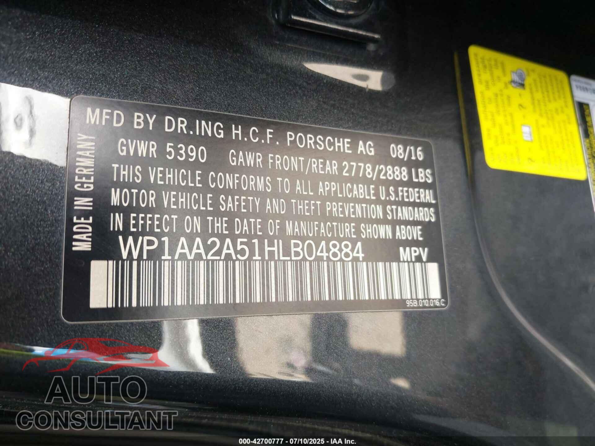 PORSCHE MACAN 2017 - WP1AA2A51HLB04884