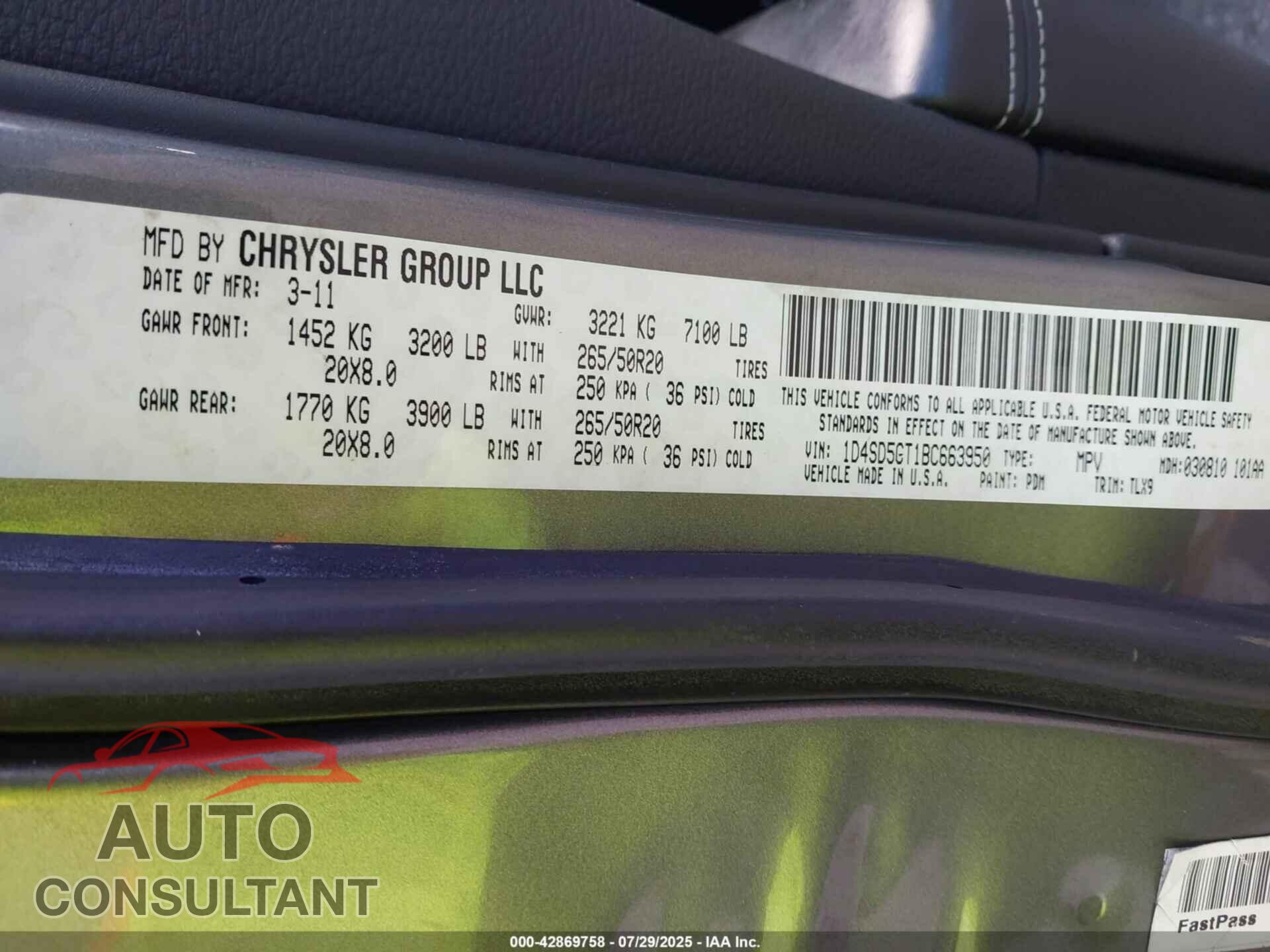 DODGE DURANGO 2011 - 1D4SD5GT1BC663950