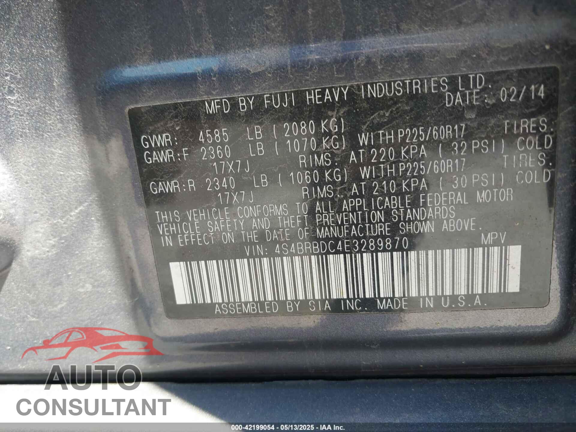 SUBARU OUTBACK 2014 - 4S4BRBDC4E3289870