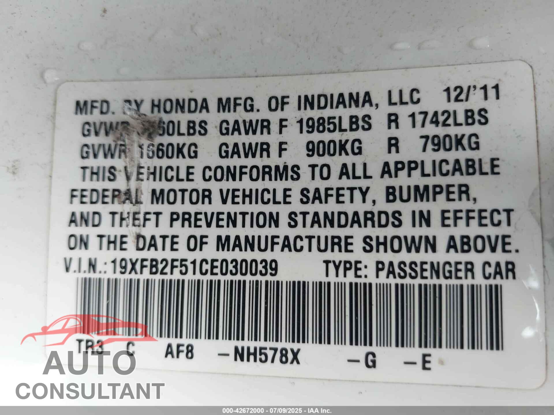 HONDA CIVIC 2012 - 19XFB2F51CE030039