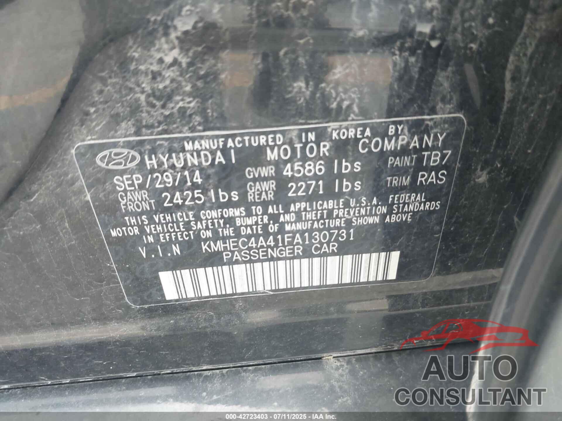HYUNDAI SONATA HYBRID 2015 - KMHEC4A41FA130731