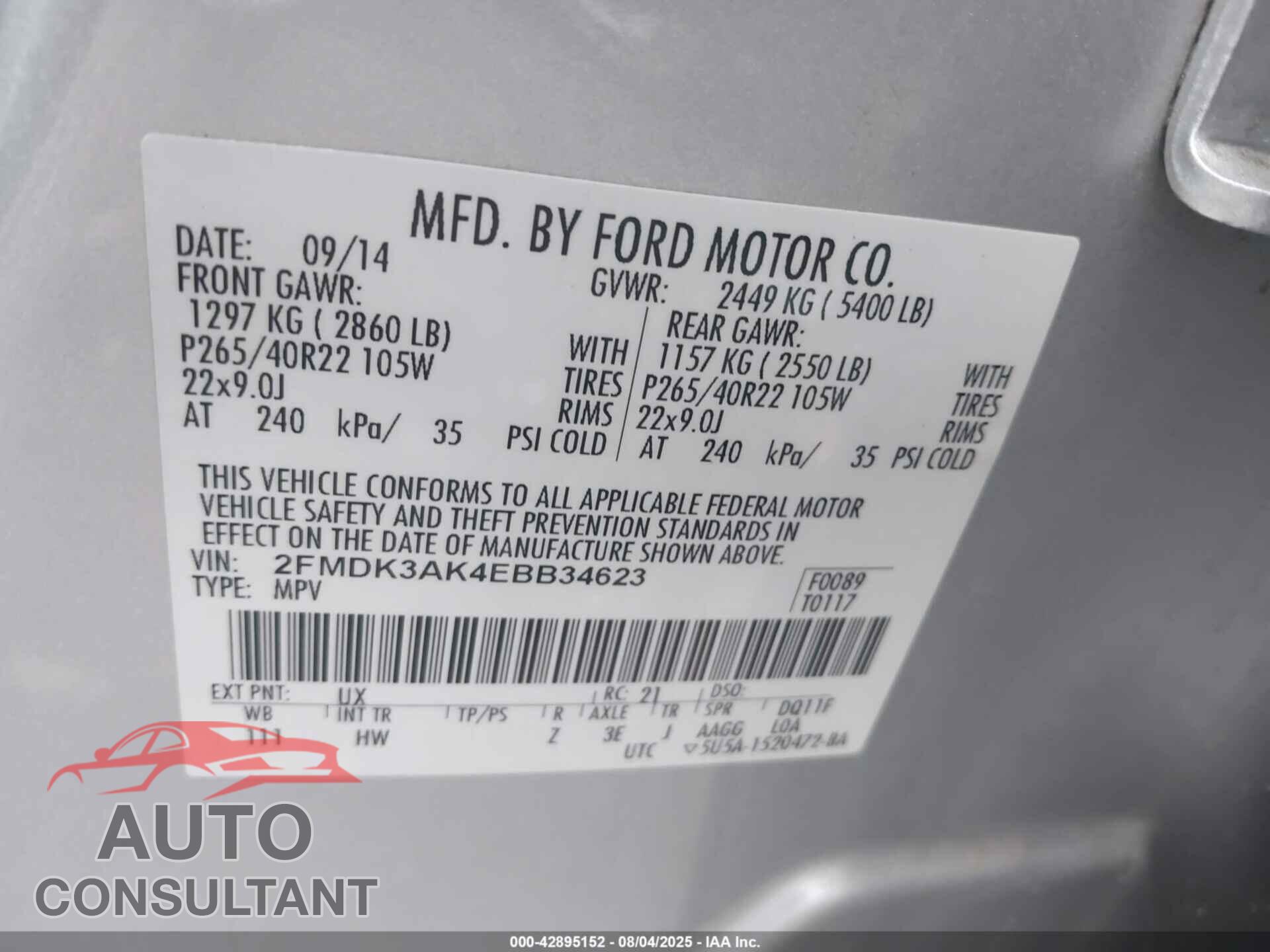 FORD EDGE 2014 - 2FMDK3AK4EBB34623