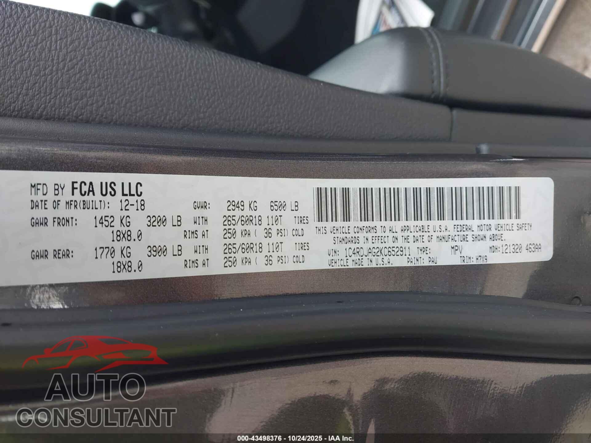 DODGE DURANGO 2019 - 1C4RDJAG2KC652911