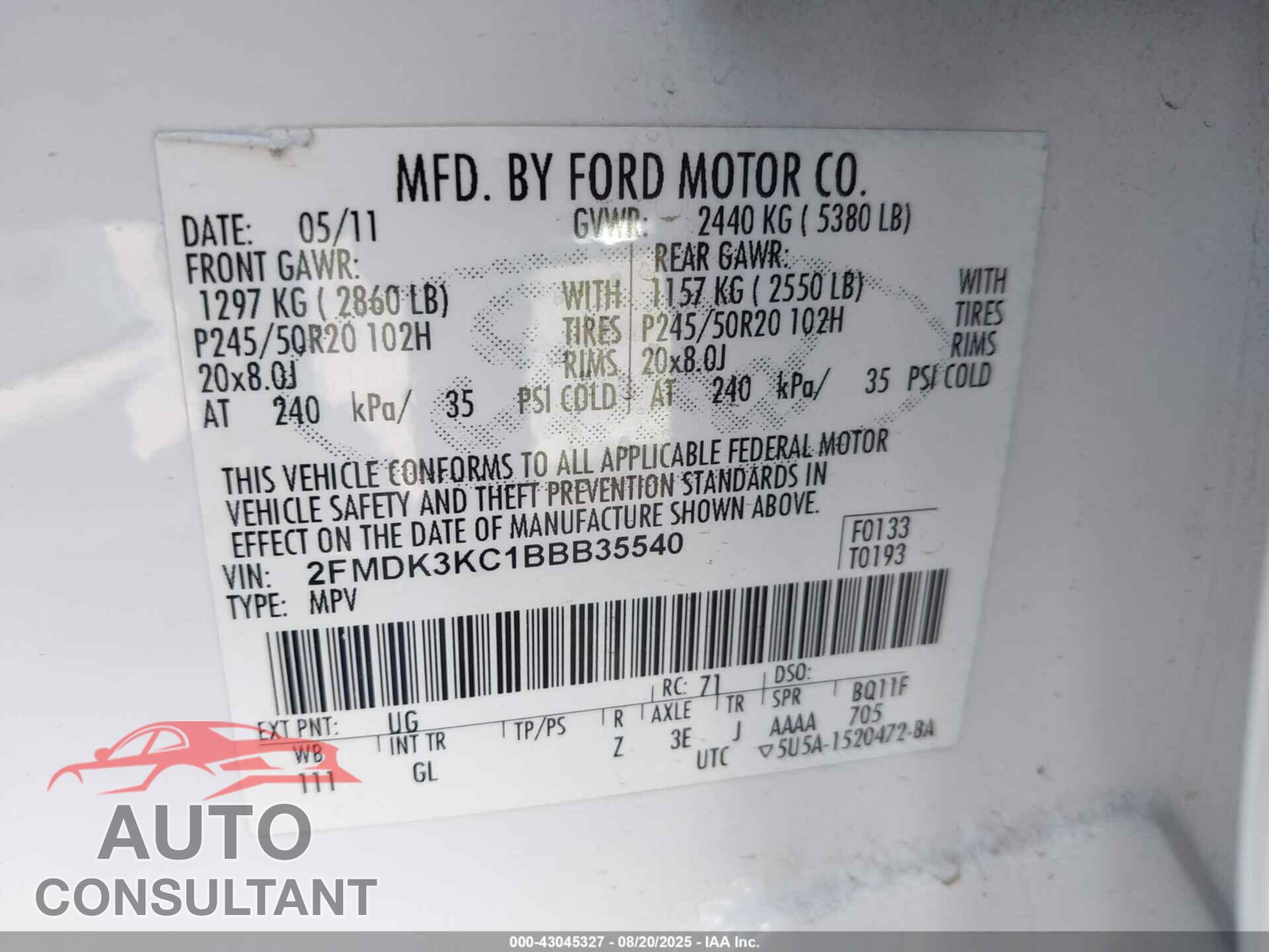 FORD EDGE 2011 - 2FMDK3KC1BBB35540