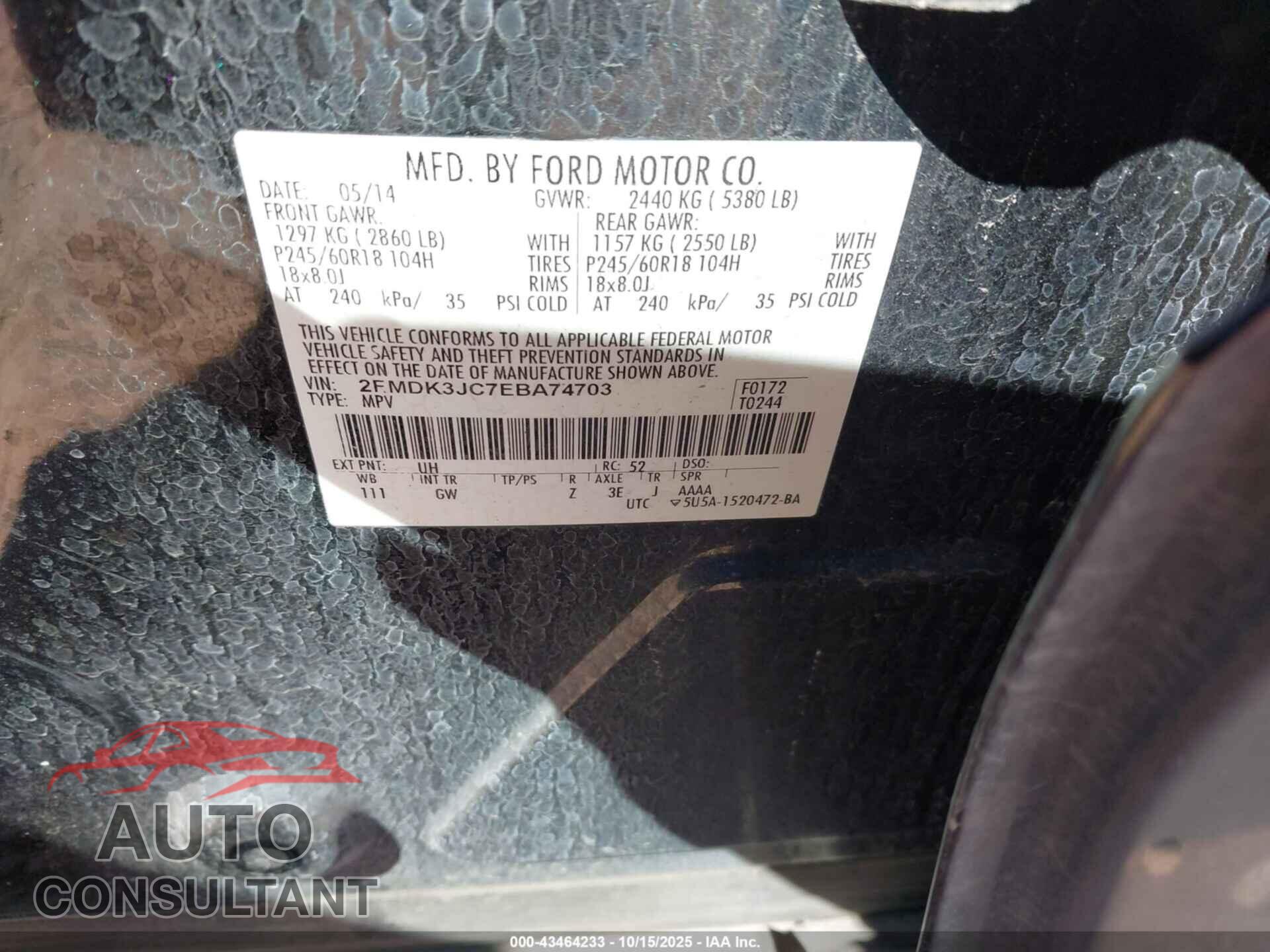 FORD EDGE 2014 - 2FMDK3JC7EBA74703