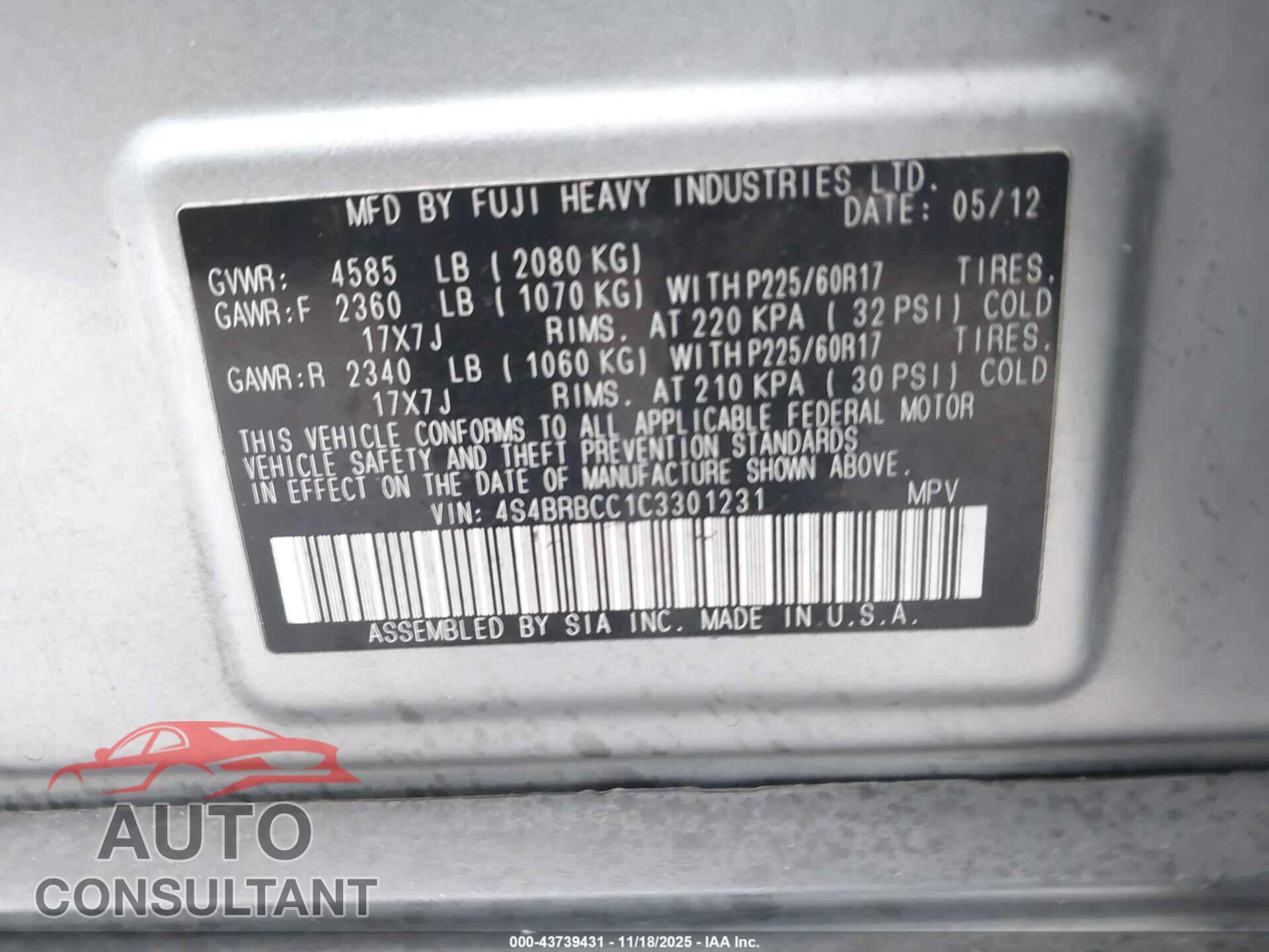SUBARU OUTBACK 2012 - 4S4BRBCC1C3301231
