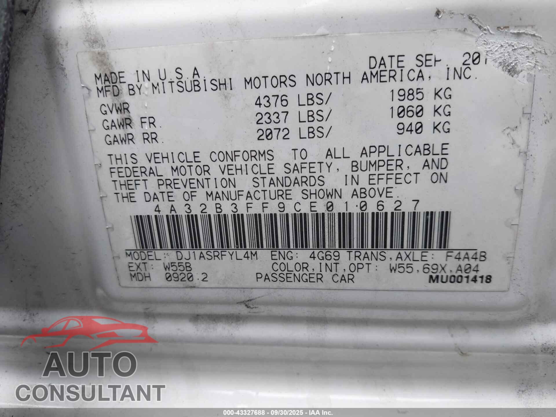 MITSUBISHI GALANT 2012 - 4A32B3FF9CE010627