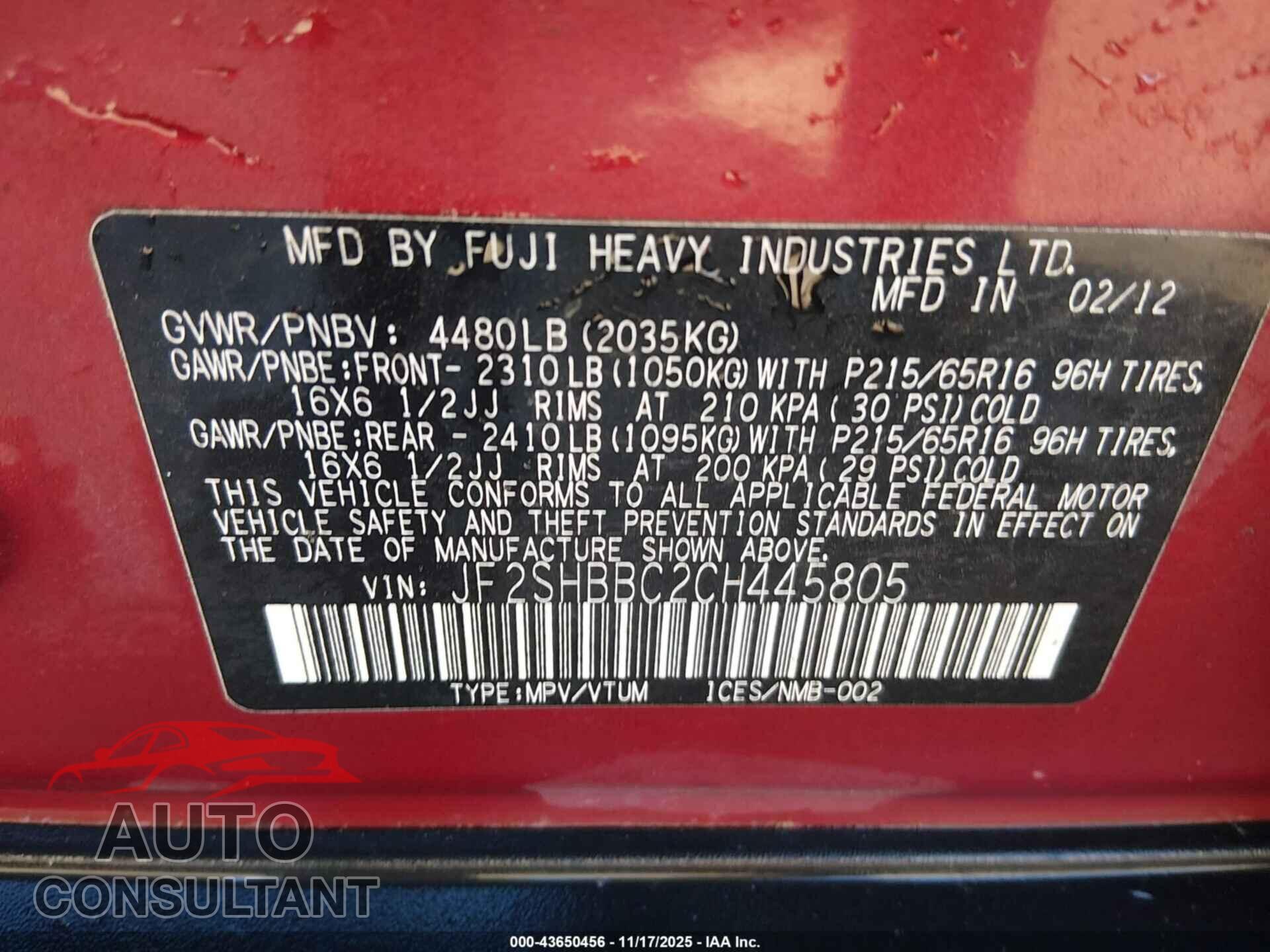 SUBARU FORESTER 2012 - JF2SHBBC2CH445805