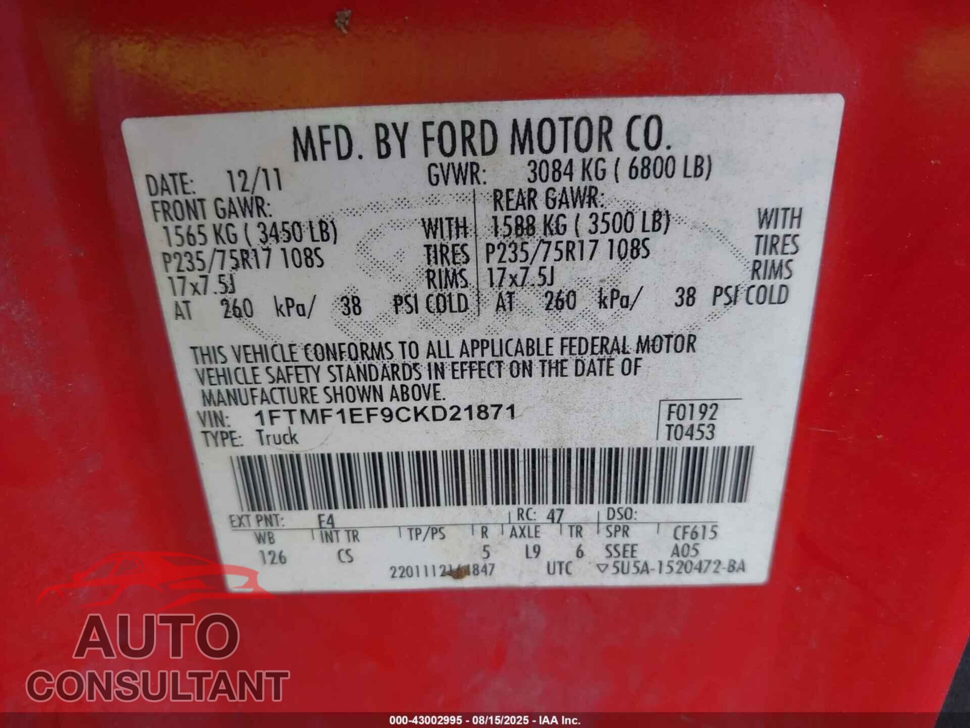 FORD F-150 2012 - 1FTMF1EF9CKD21871