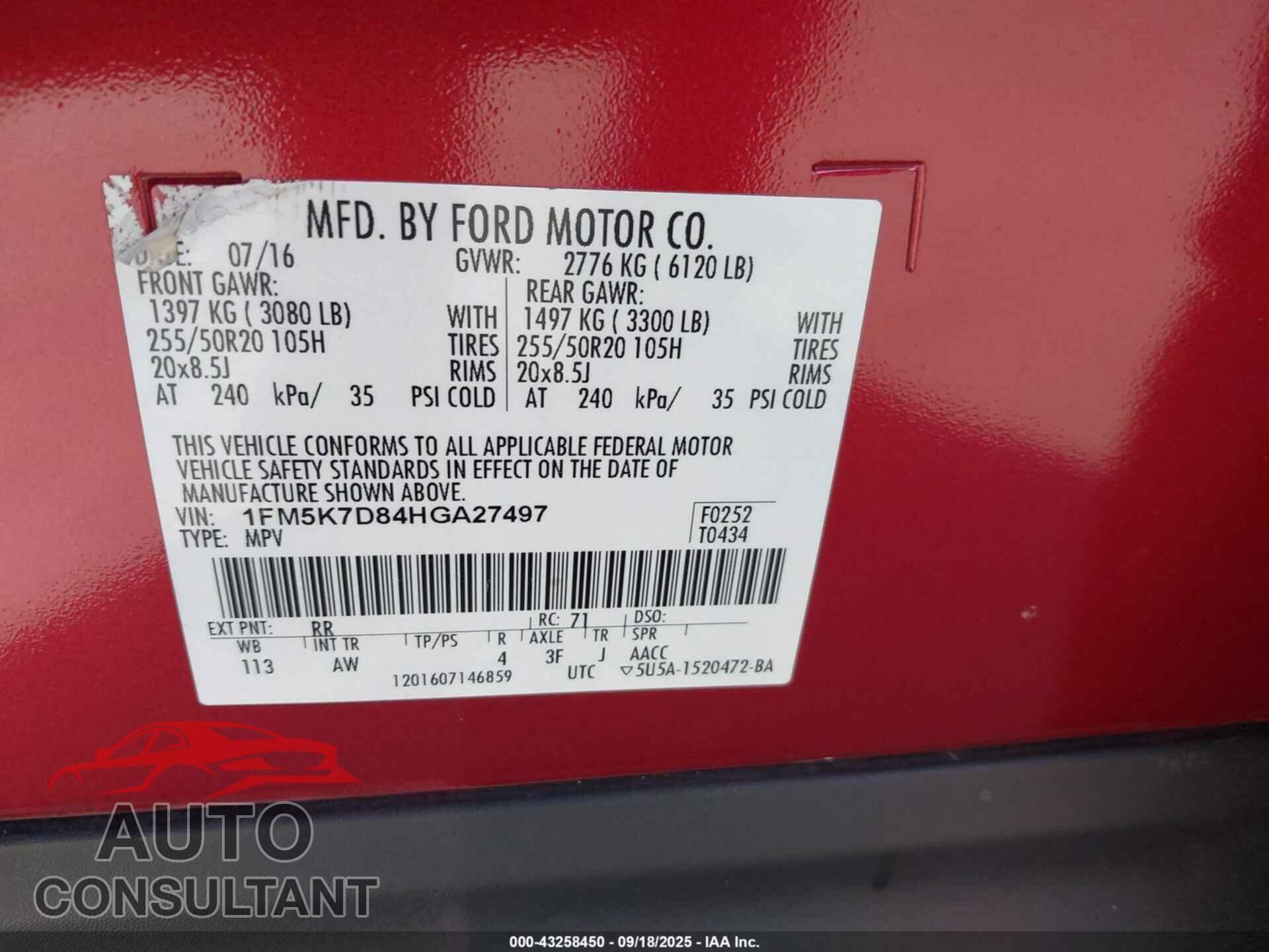 FORD EXPLORER 2017 - 1FM5K7D84HGA27497
