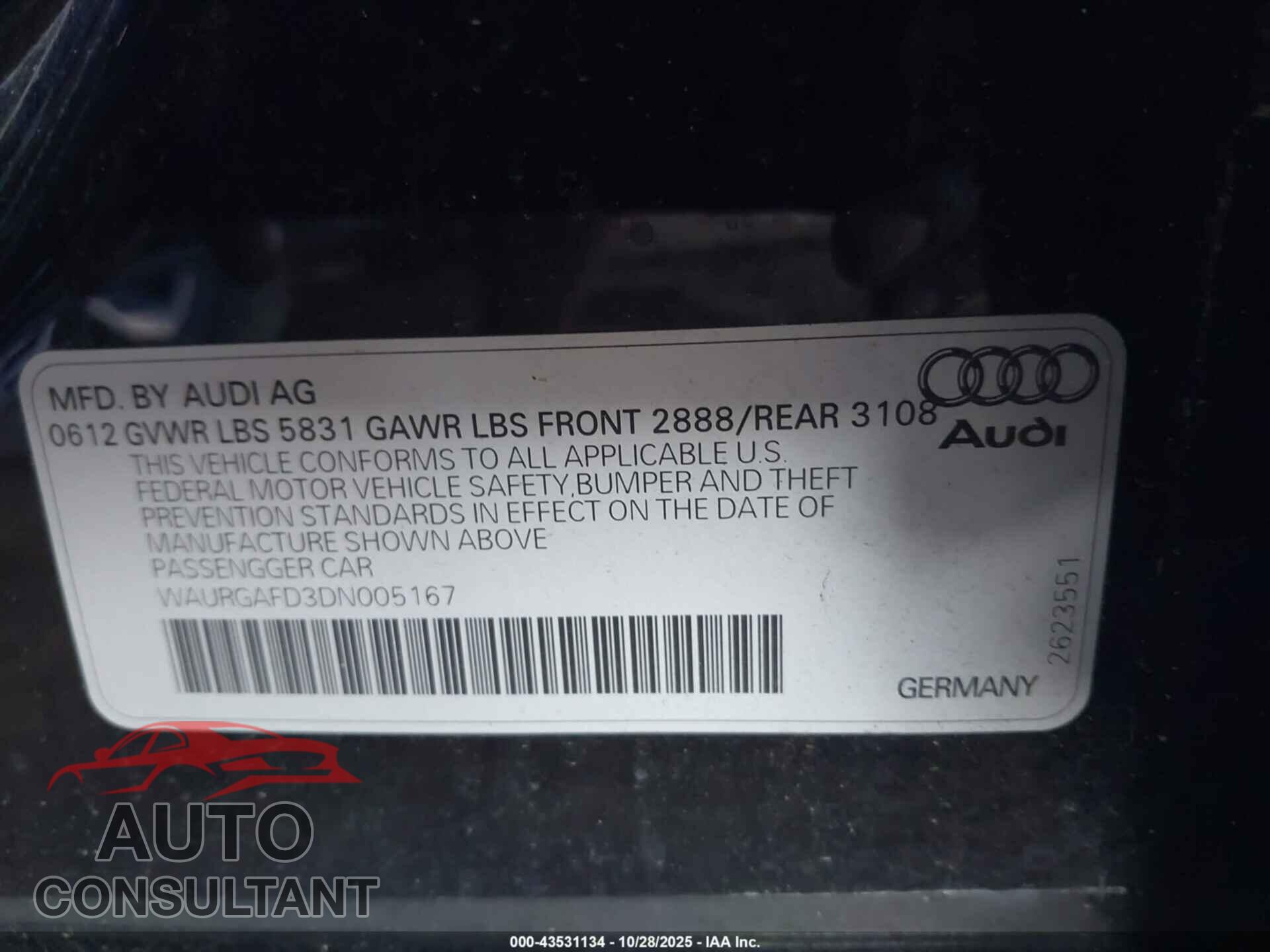 AUDI A8 L 2013 - WAURGAFD3DN005167