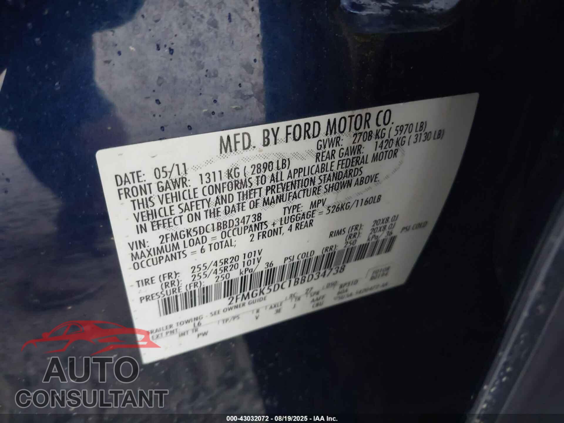 FORD FLEX 2011 - 2FMGK5DC1BBD34738