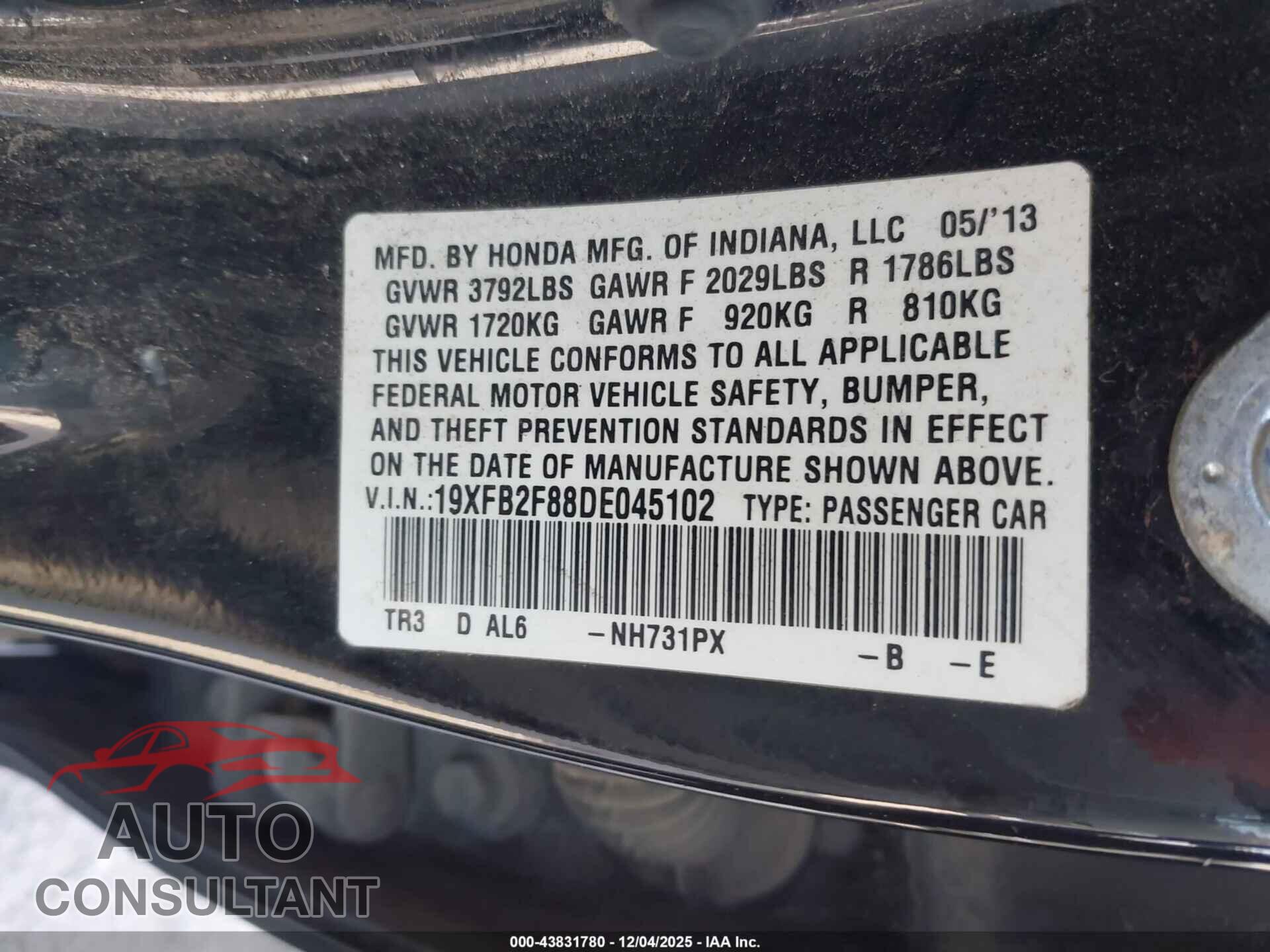 HONDA CIVIC 2013 - 19XFB2F88DE045102