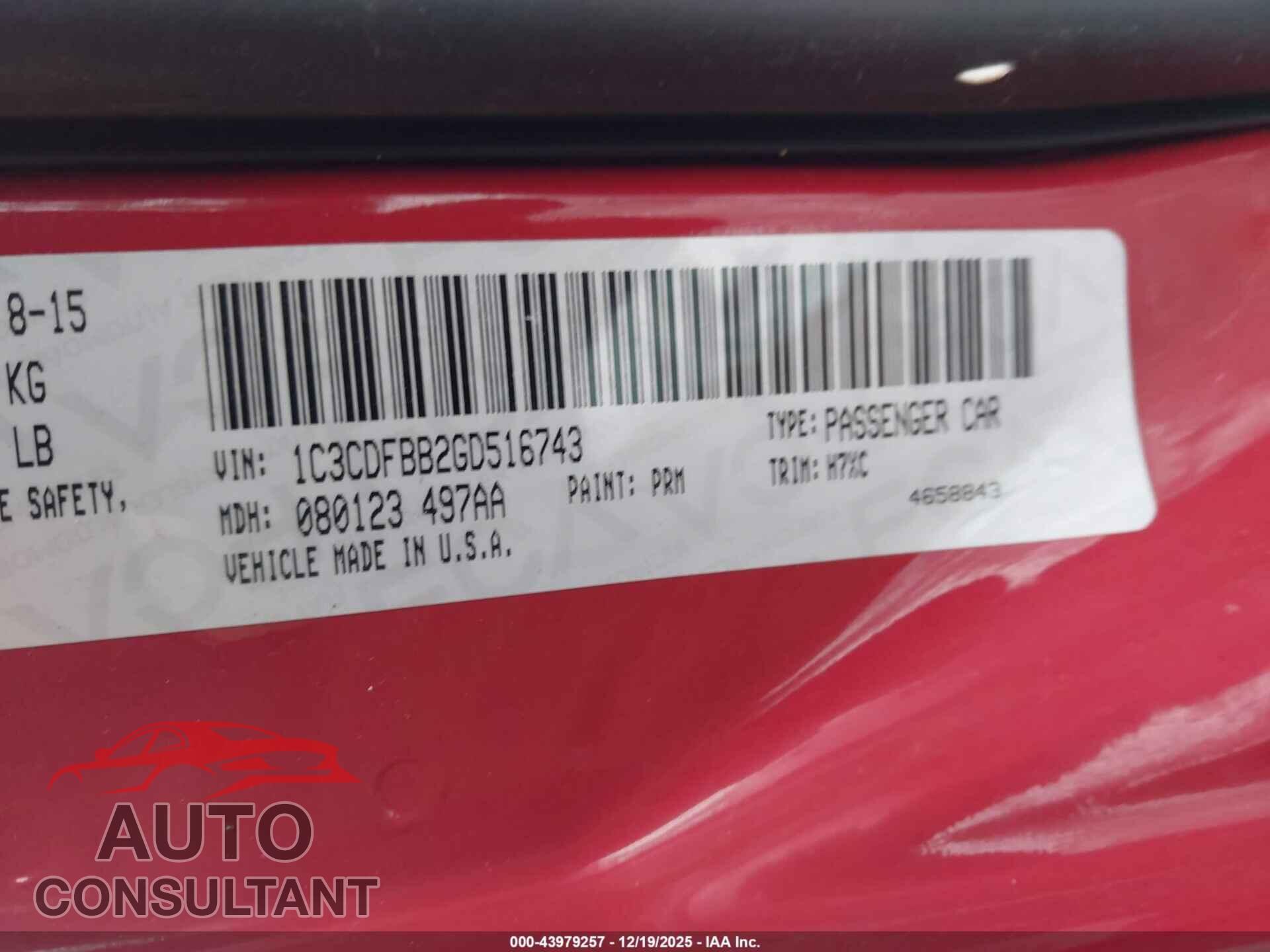 DODGE DART 2016 - 1C3CDFBB2GD516743
