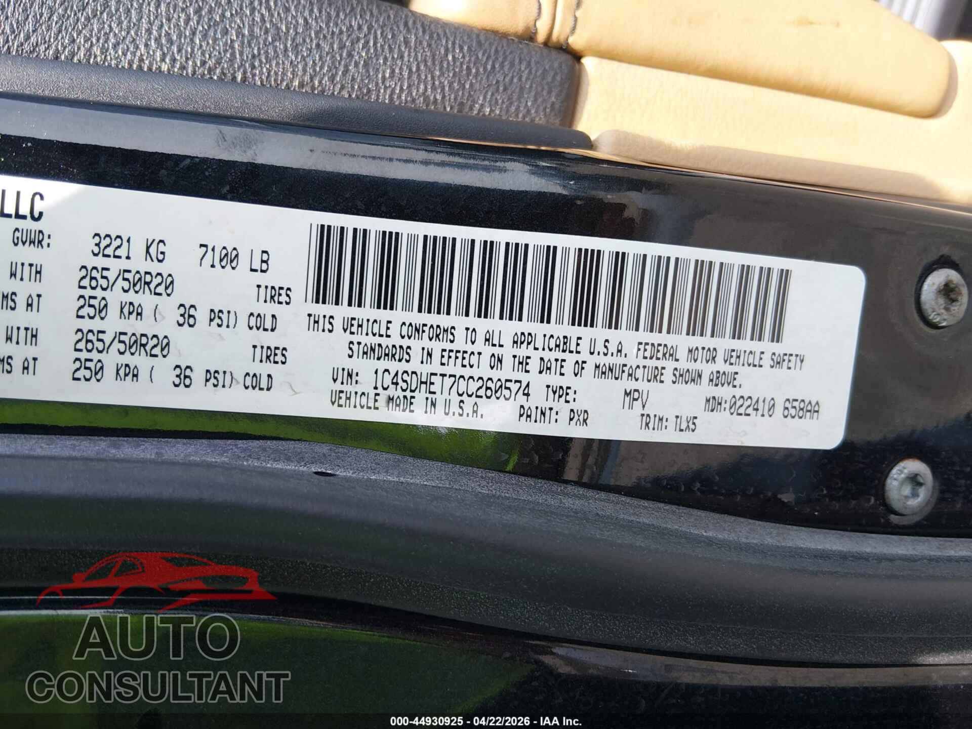 DODGE DURANGO 2012 - 1C4SDHET7CC260574