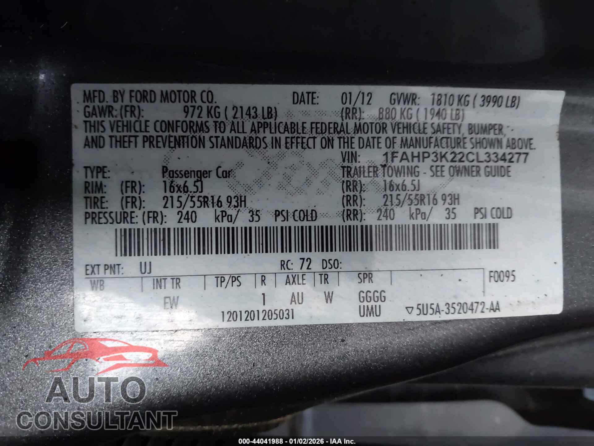 FORD FOCUS 2012 - 1FAHP3K22CL334277