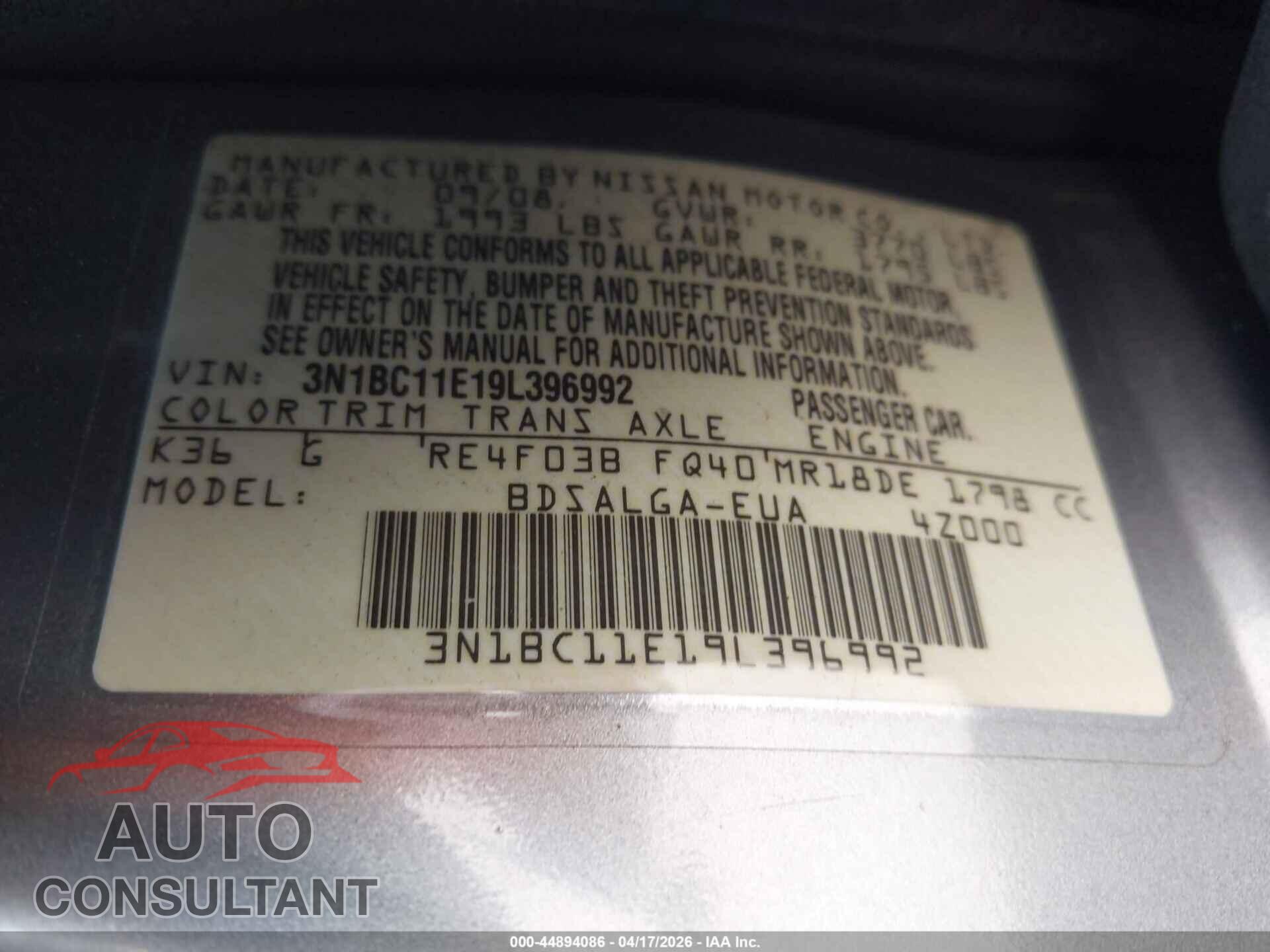 NISSAN VERSA 2009 - 3N1BC11E19L396992