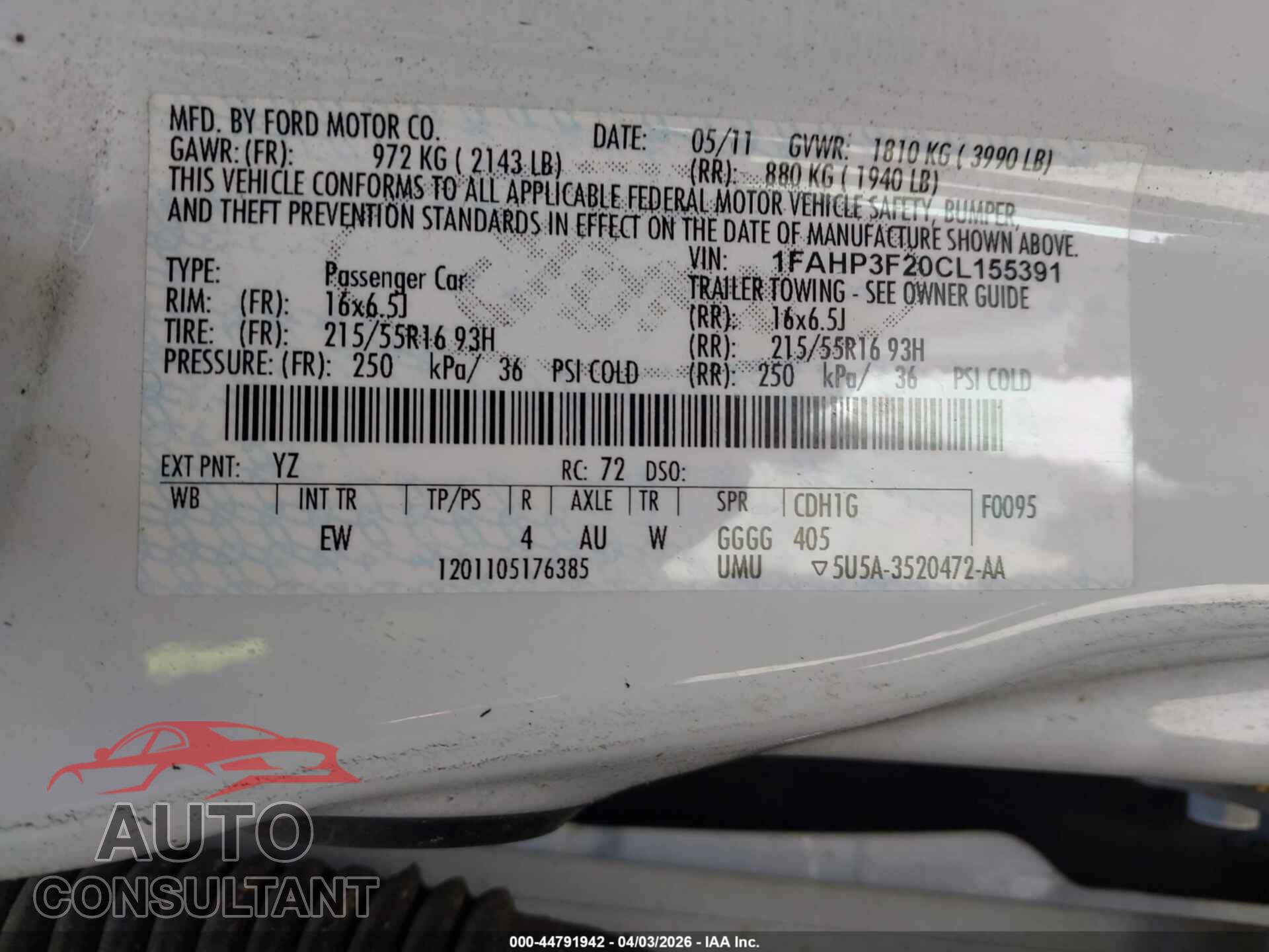 FORD FOCUS 2012 - 1FAHP3F20CL155391