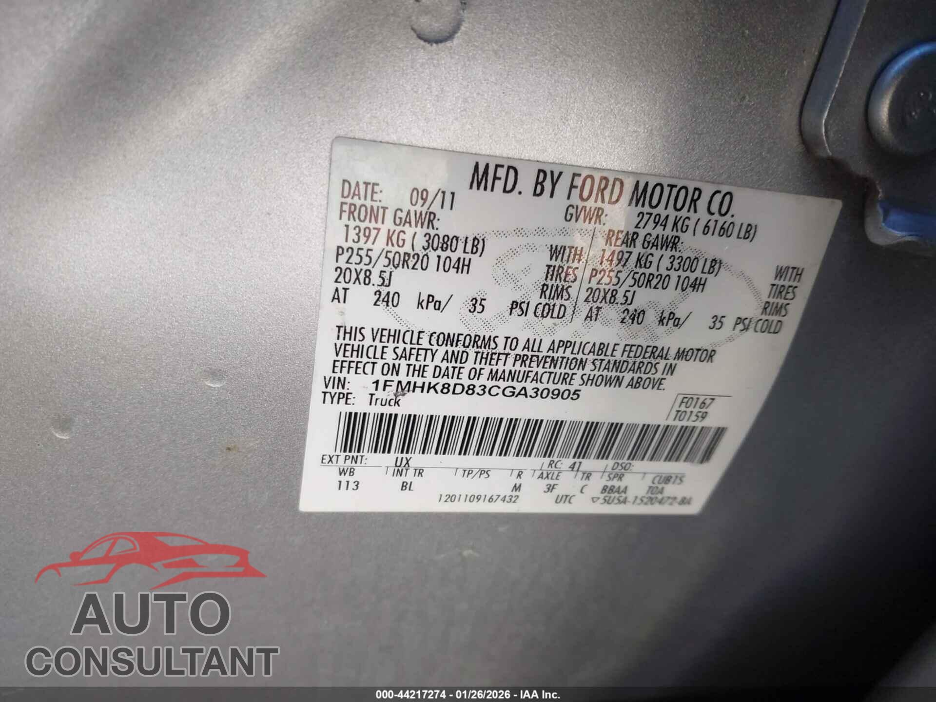 FORD EXPLORER 2012 - 1FMHK8D83CGA30905