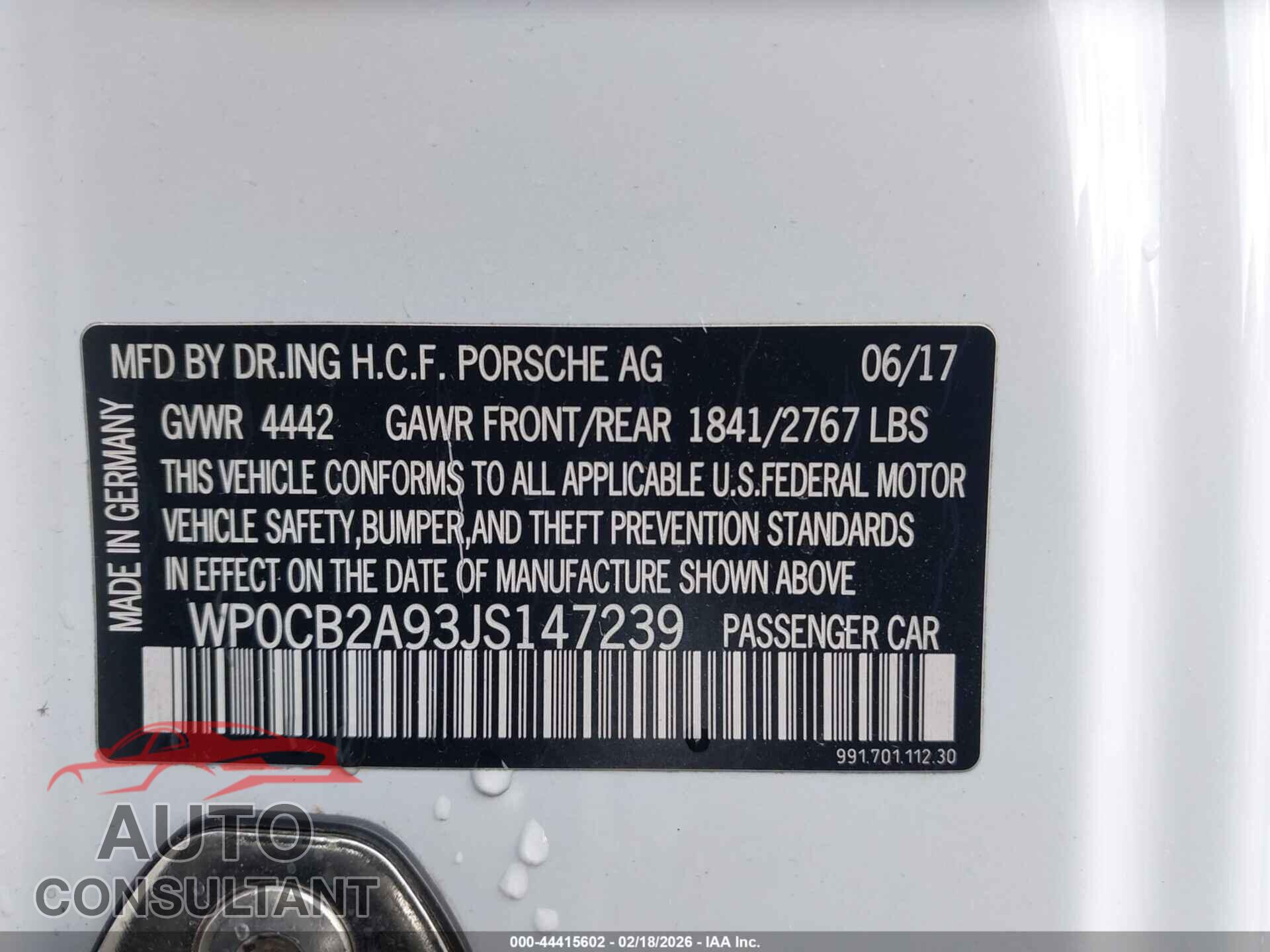 PORSCHE 911 2018 - WP0CB2A93JS147239