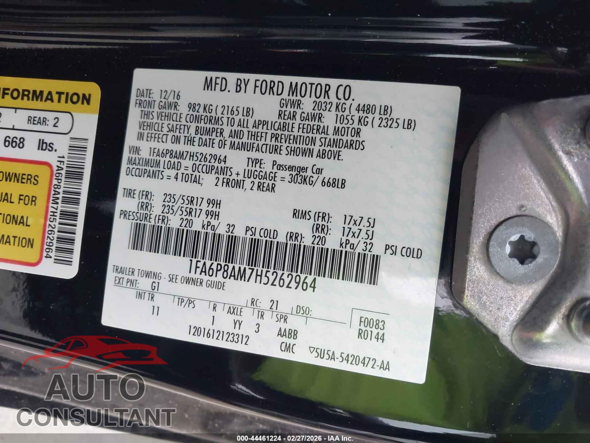 FORD MUSTANG 2017 - 1FA6P8AM7H5262964