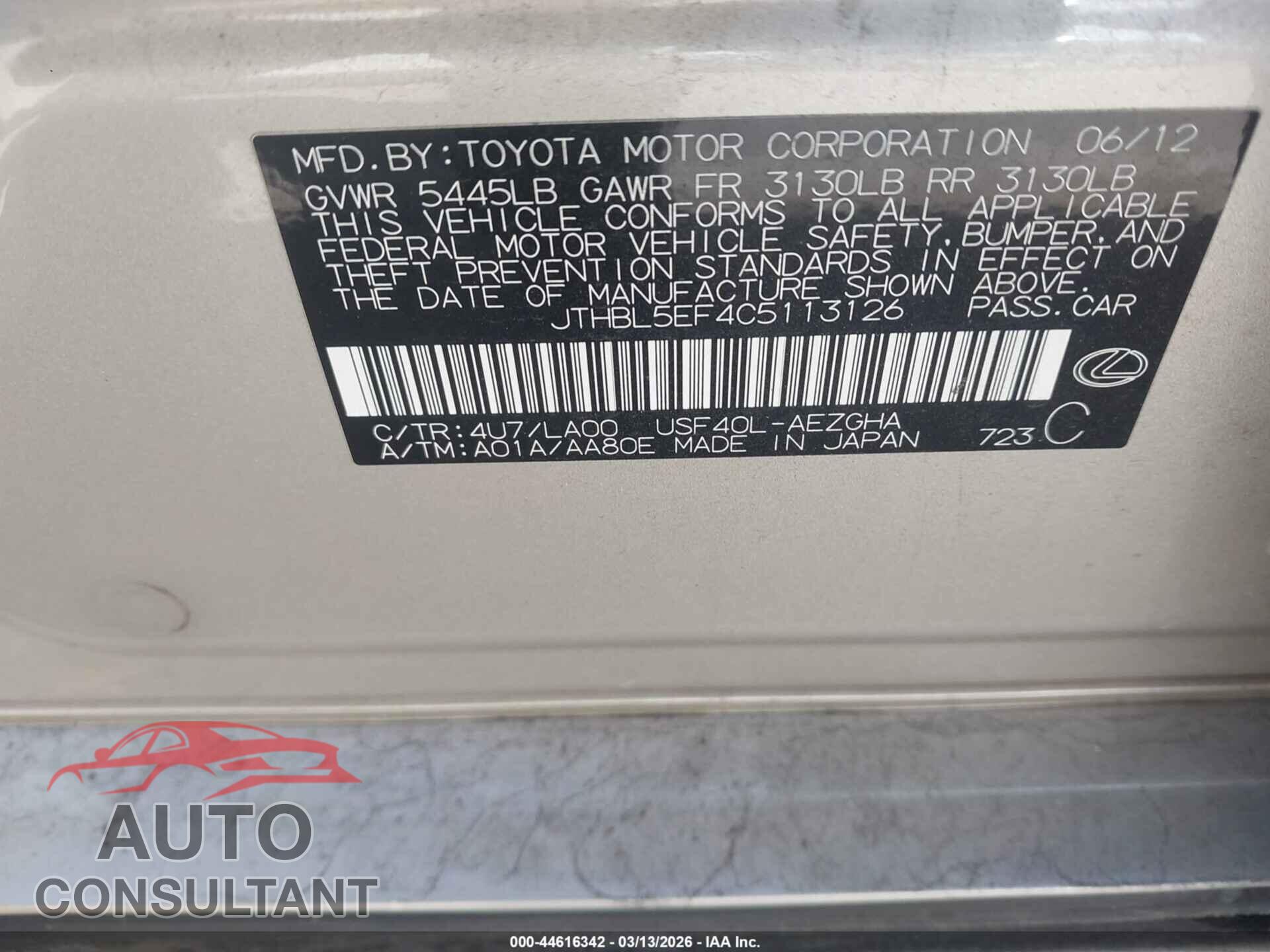 LEXUS LS 460 2012 - JTHBL5EF4C5113126