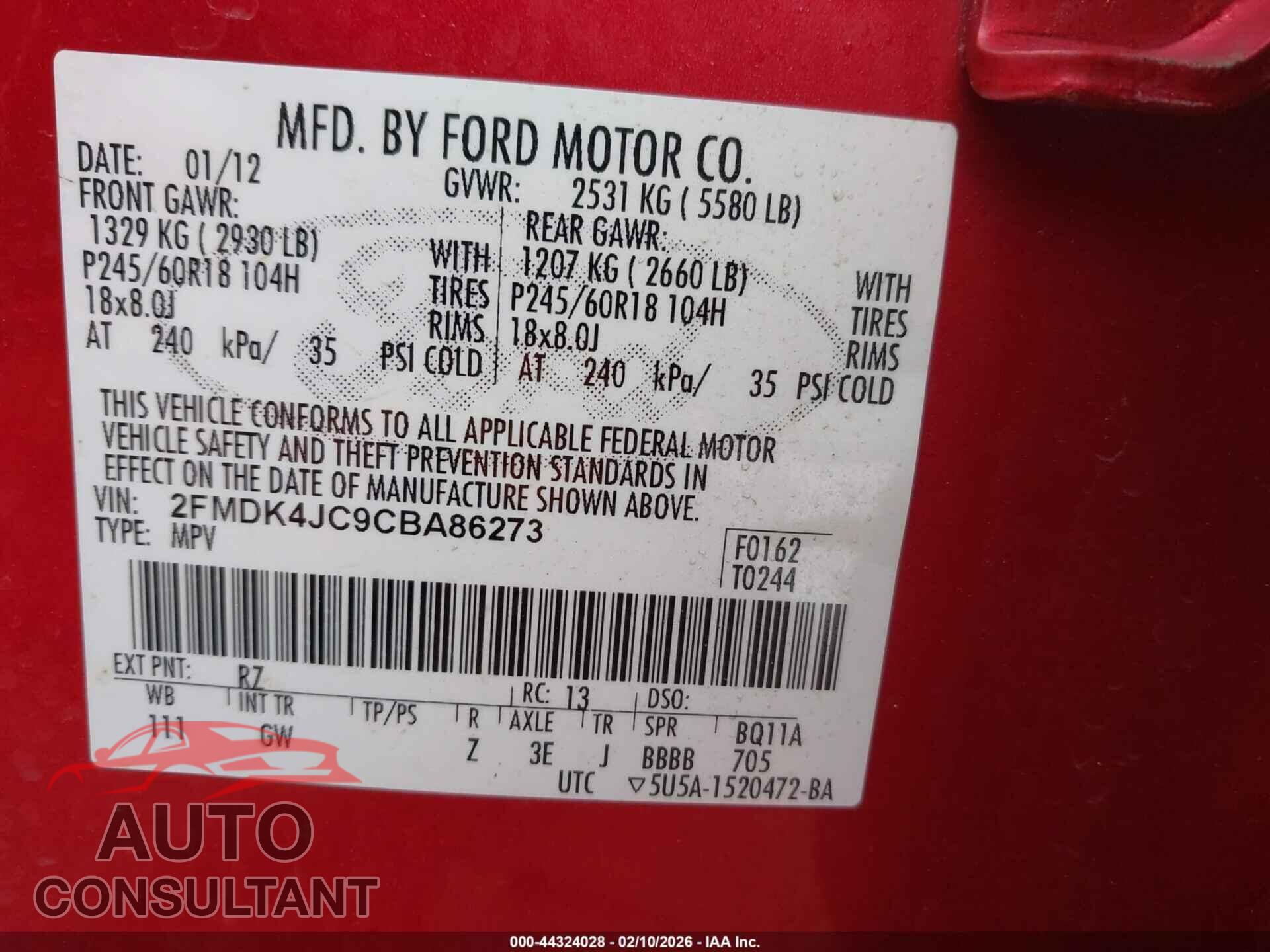 FORD EDGE 2012 - 2FMDK4JC9CBA86273