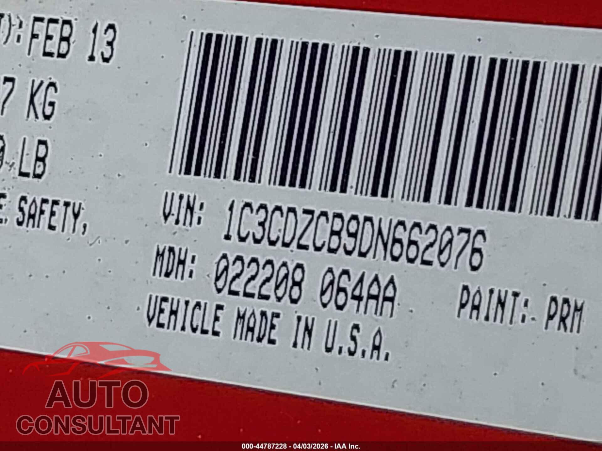 DODGE AVENGER 2013 - 1C3CDZCB9DN662076